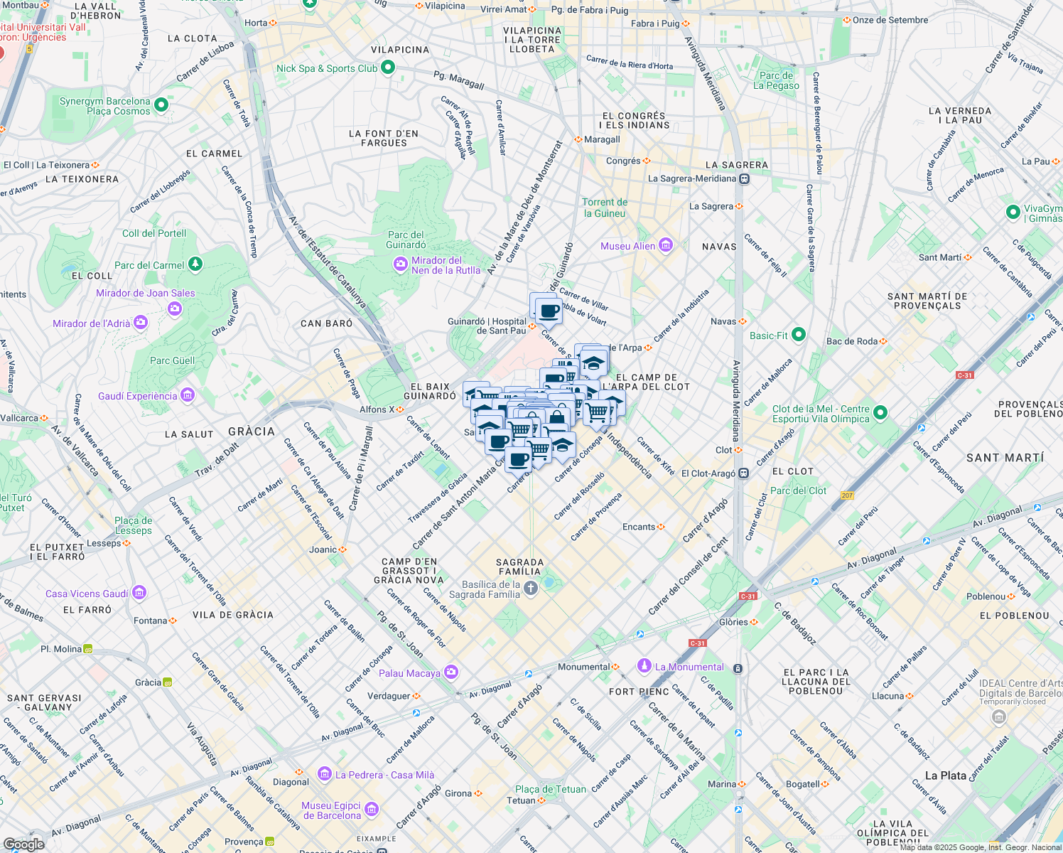 map of restaurants, bars, coffee shops, grocery stores, and more near 167 Carrer de Sant Antoni Maria Claret in Barcelona