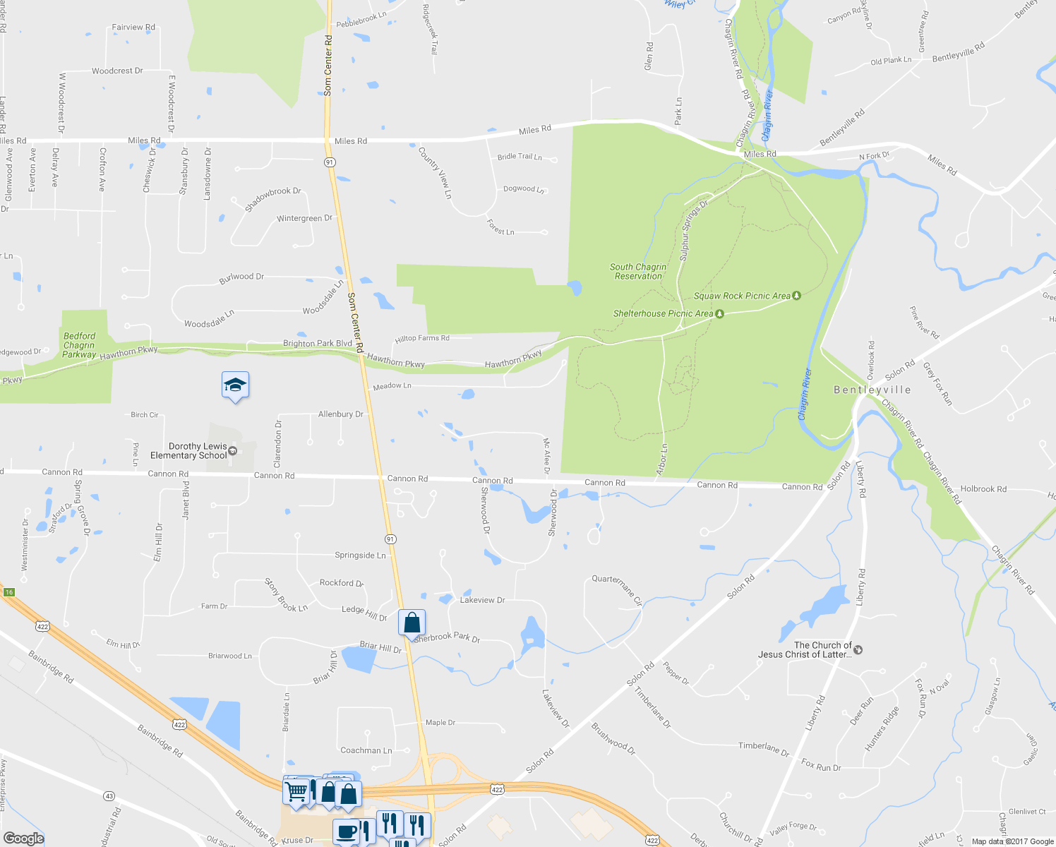 map of restaurants, bars, coffee shops, grocery stores, and more near 34705 Mc Afee Drive in Solon