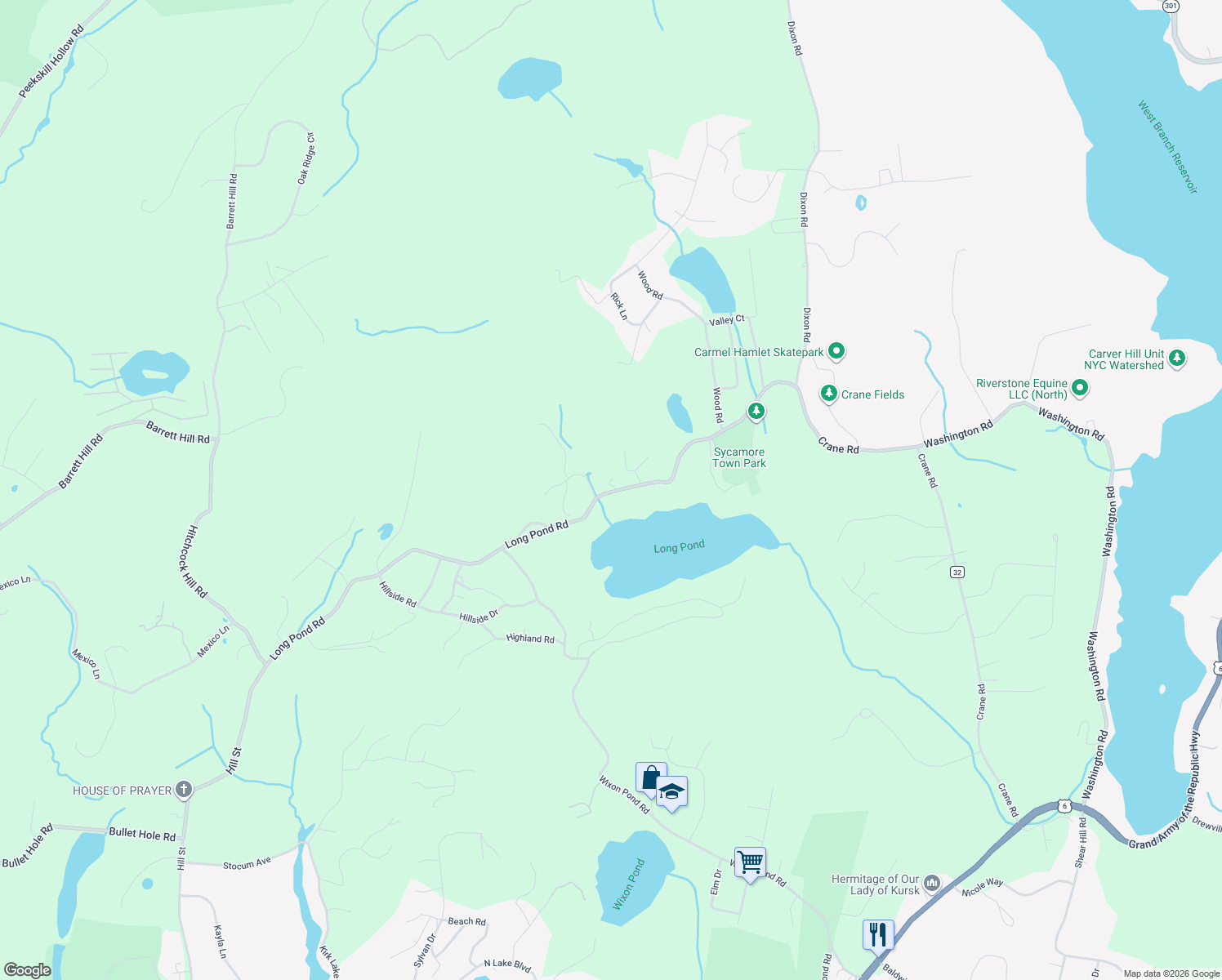 map of restaurants, bars, coffee shops, grocery stores, and more near 703 Long Pond Road in Mahopac