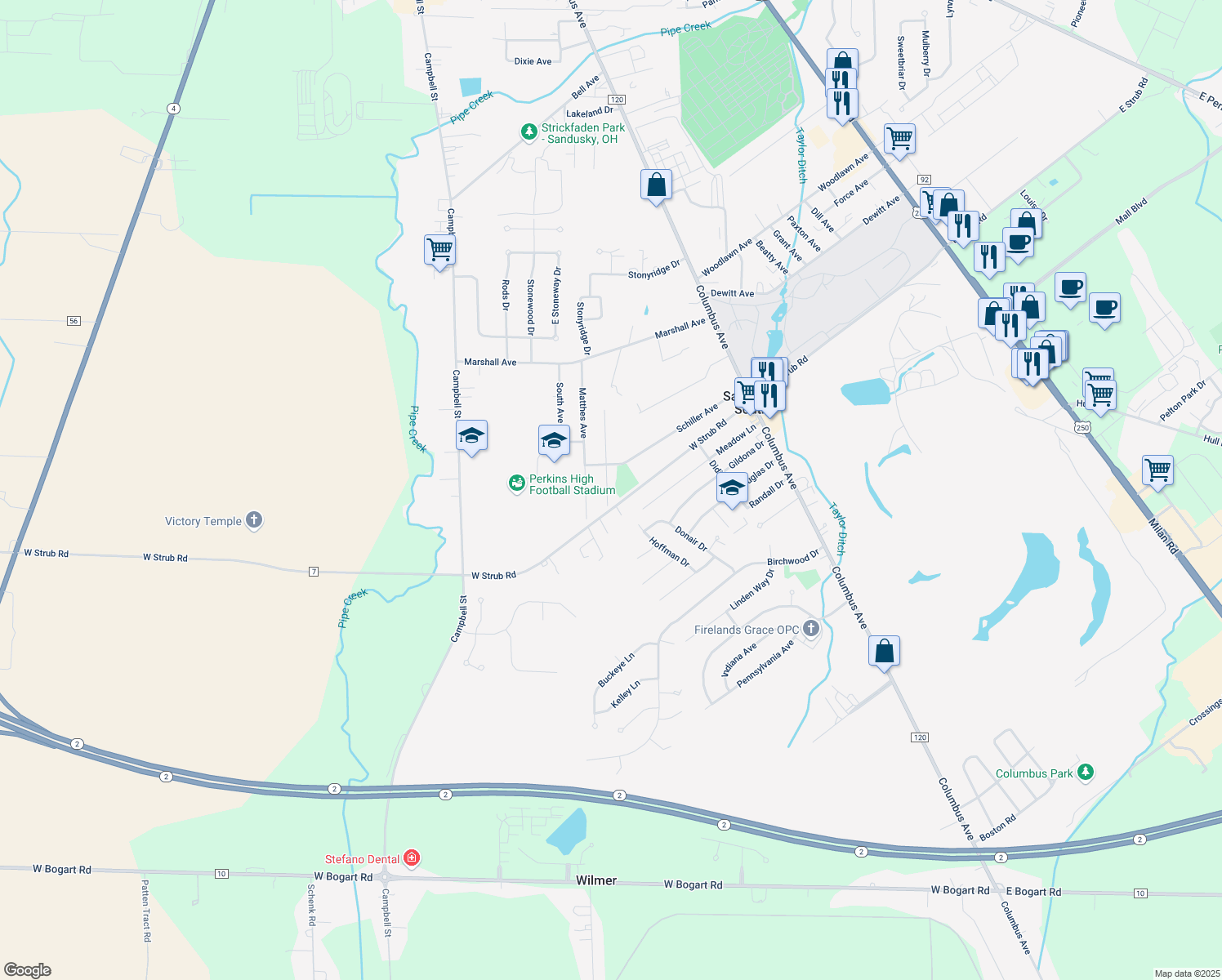 map of restaurants, bars, coffee shops, grocery stores, and more near 3812 Scottley Drive in Sandusky