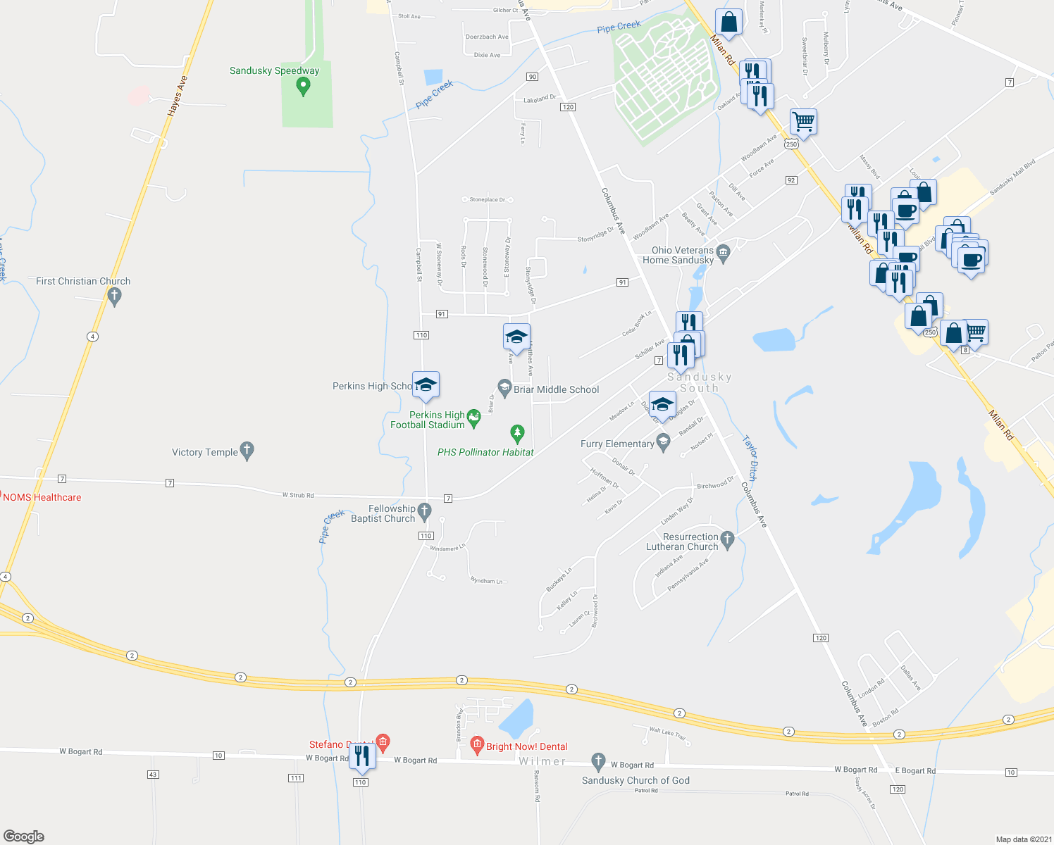 map of restaurants, bars, coffee shops, grocery stores, and more near 3809 Matthes Ave in Sandusky