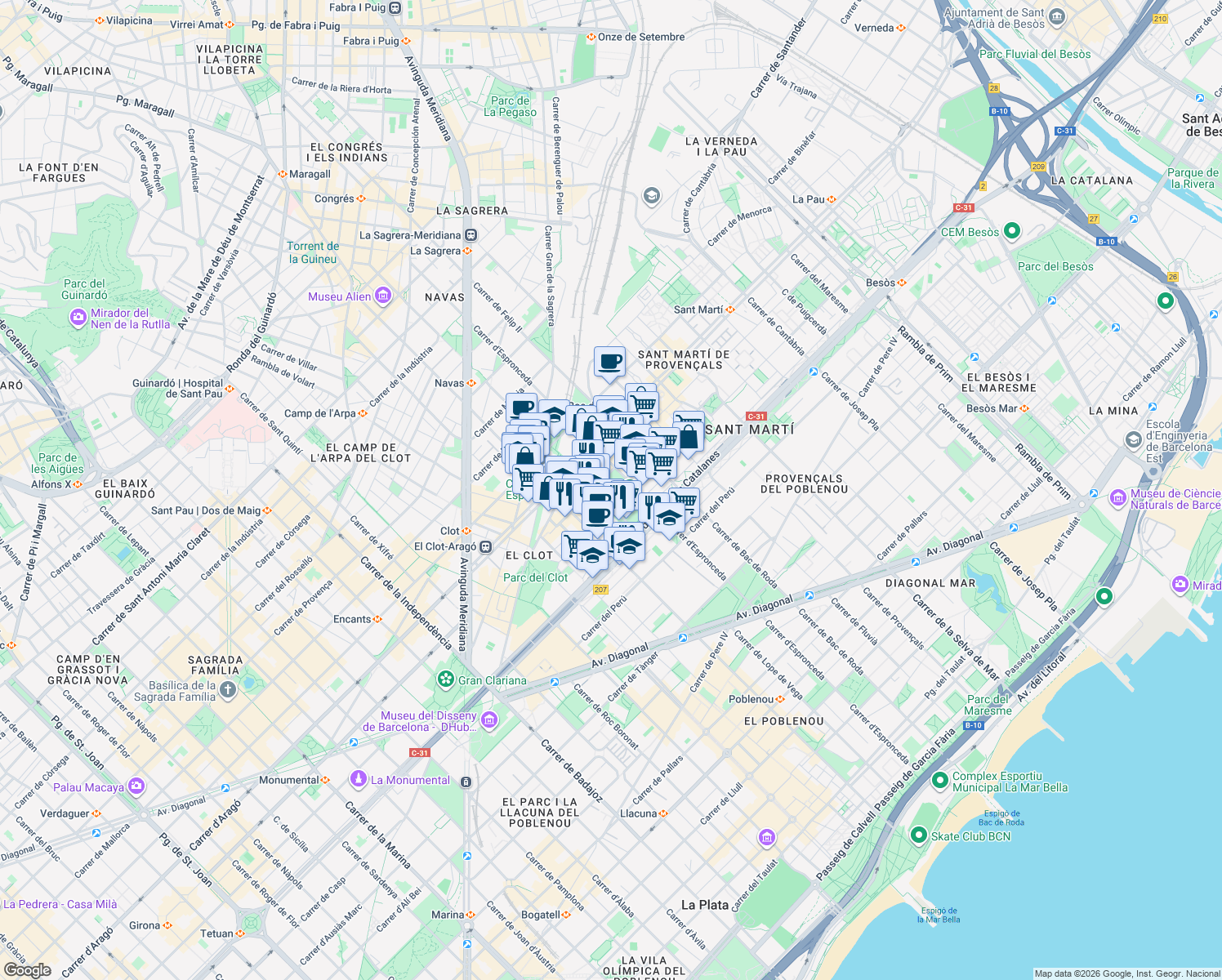 map of restaurants, bars, coffee shops, grocery stores, and more near 280 Carrer de Lope de Vega in Barcelona
