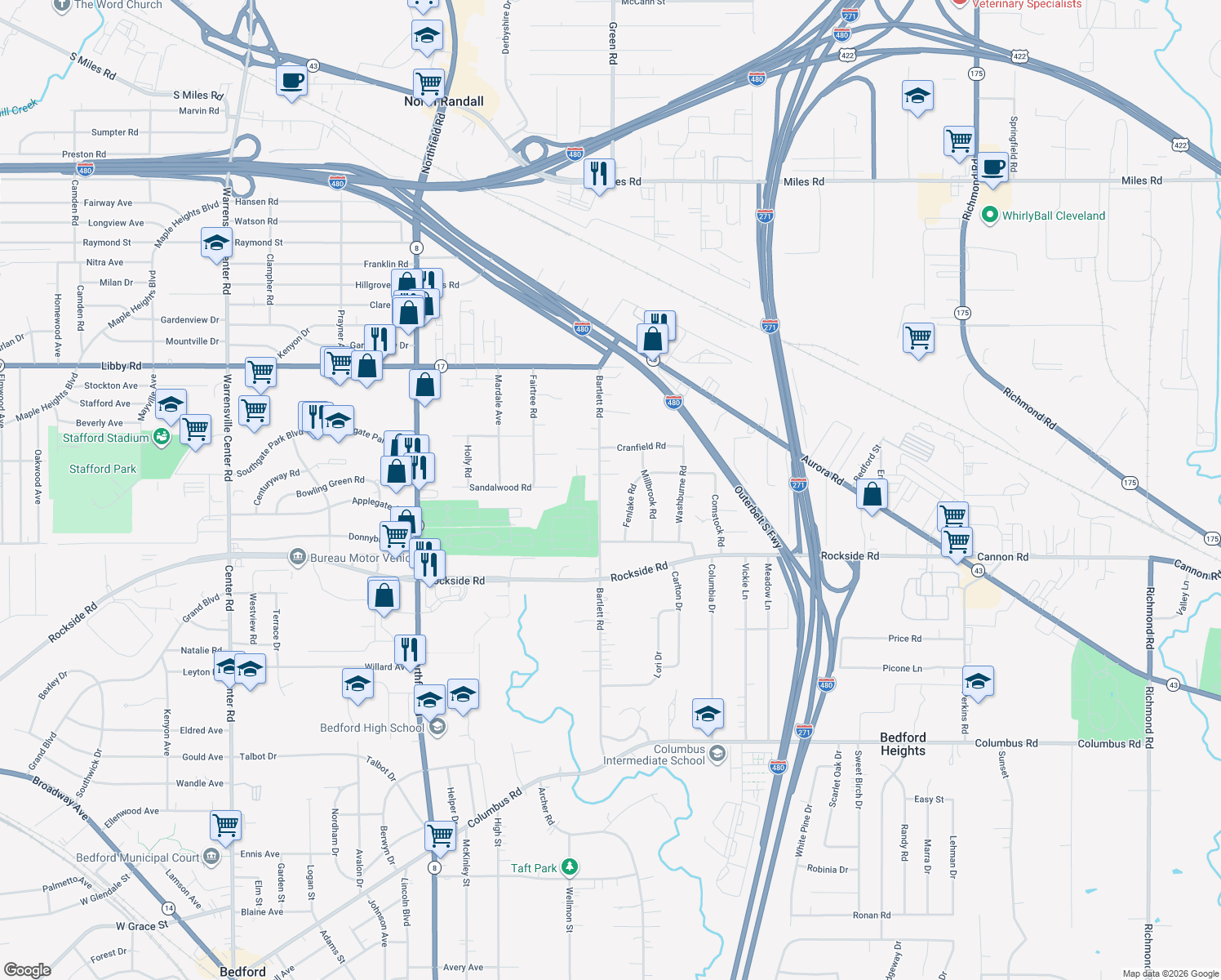 map of restaurants, bars, coffee shops, grocery stores, and more near 5437 Bartlett Rd in Bedford Heights