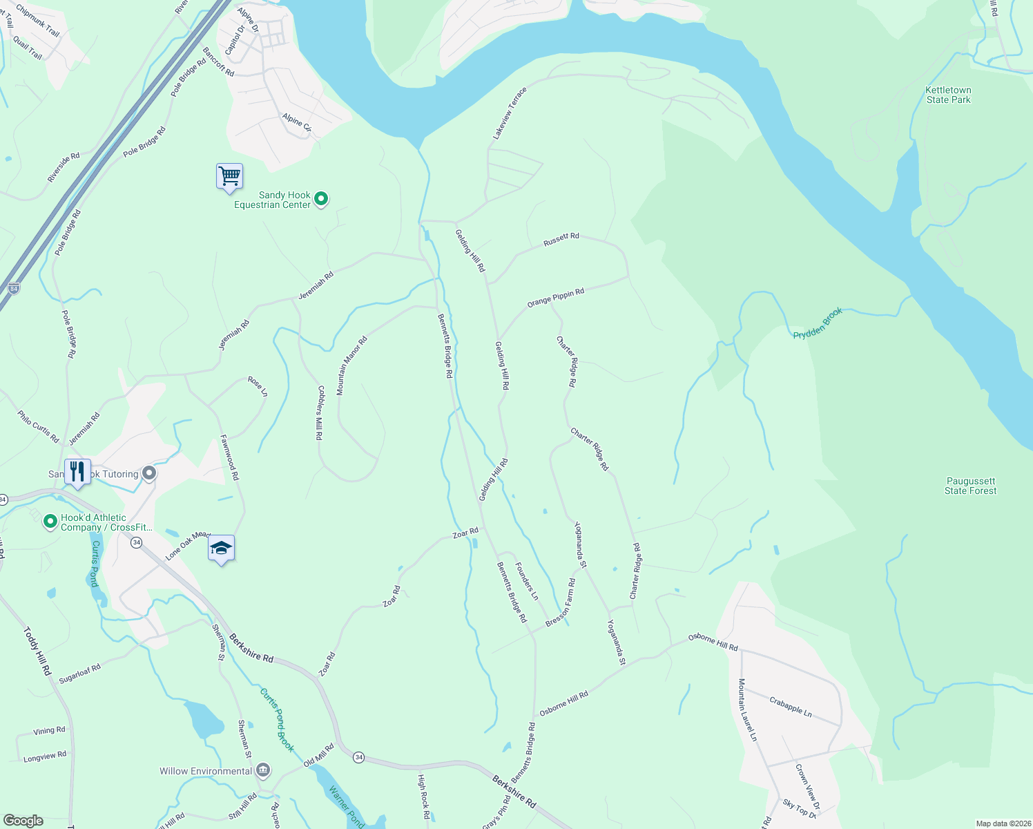 map of restaurants, bars, coffee shops, grocery stores, and more near 18 Gelding Hill Road in Newtown