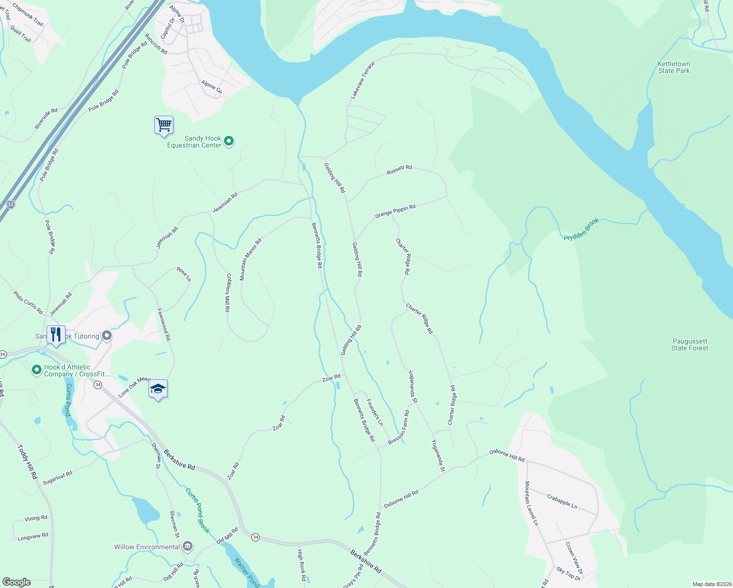 map of restaurants, bars, coffee shops, grocery stores, and more near 18 Gelding Hill Road in Newtown