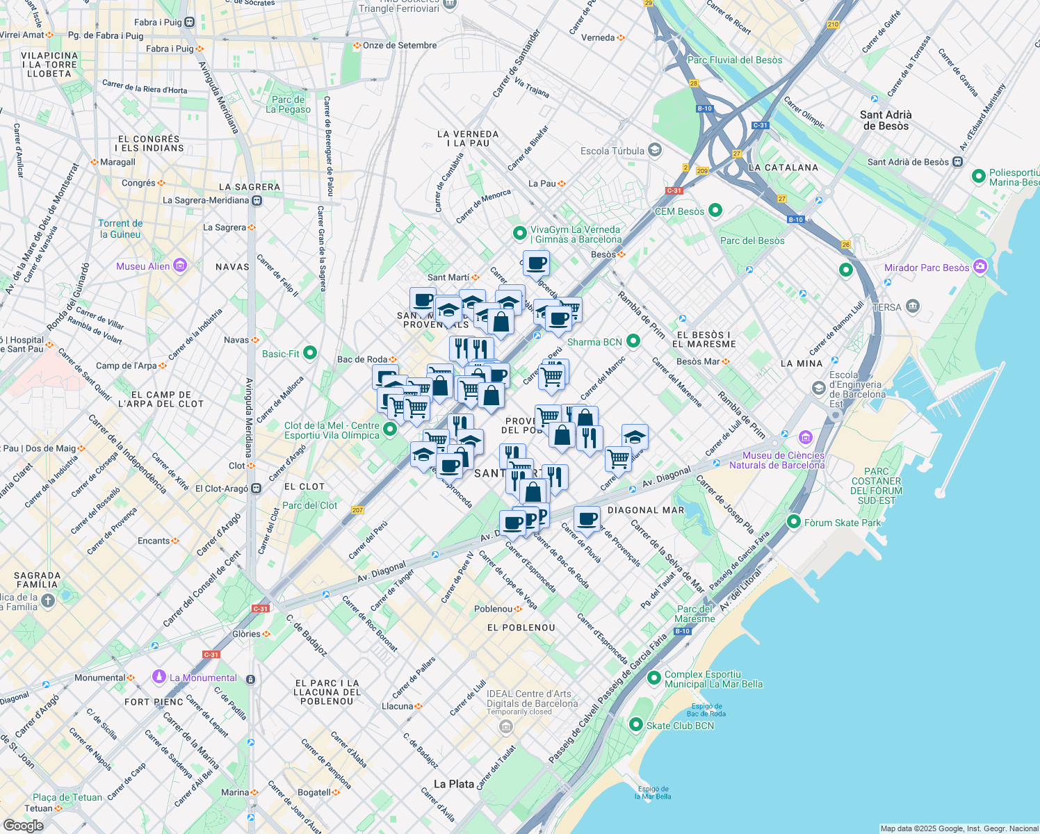 map of restaurants, bars, coffee shops, grocery stores, and more near 125 Carrer de la Selva de Mar in Barcelona