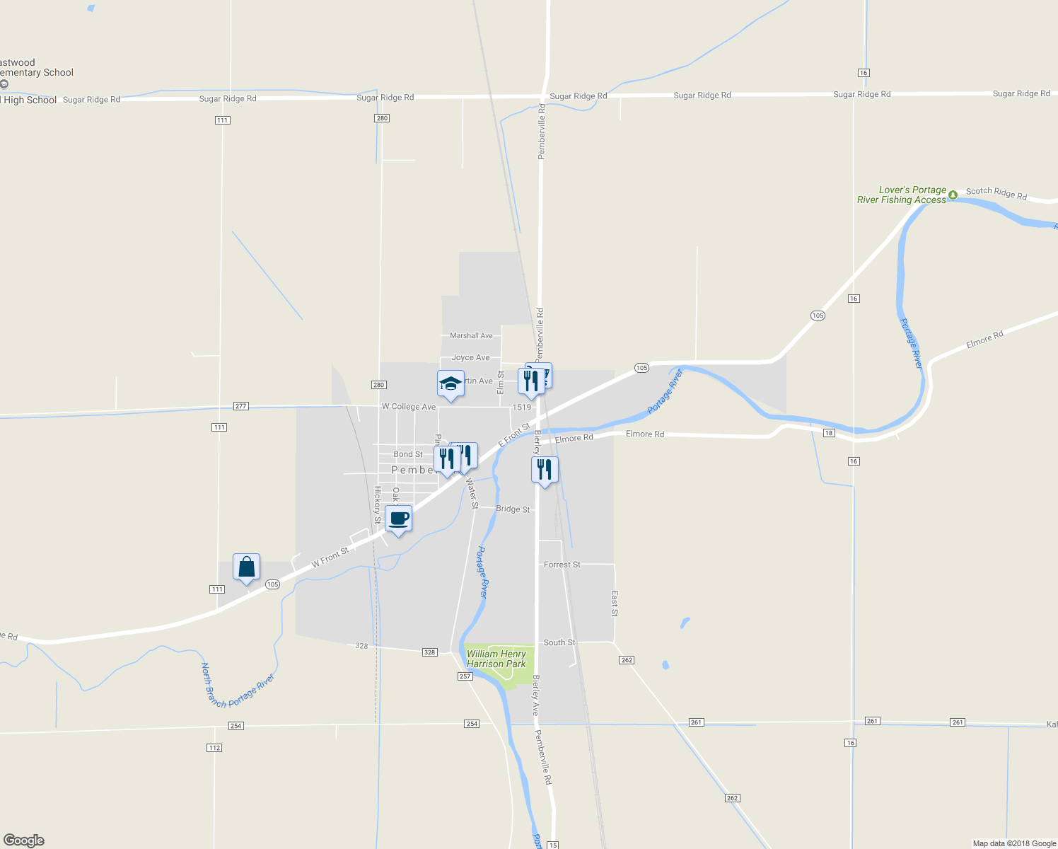map of restaurants, bars, coffee shops, grocery stores, and more near 401 Highway 105 in Pemberville