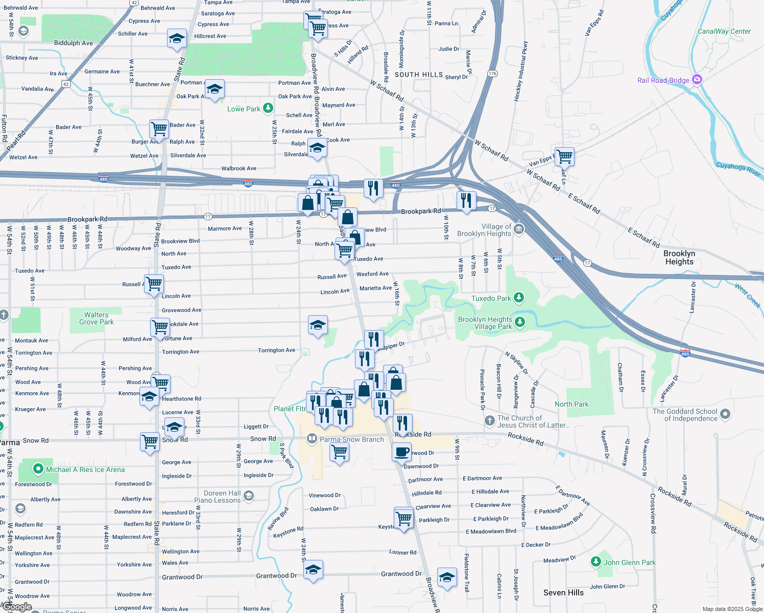 map of restaurants, bars, coffee shops, grocery stores, and more near 1707 Grovewood Avenue in Parma
