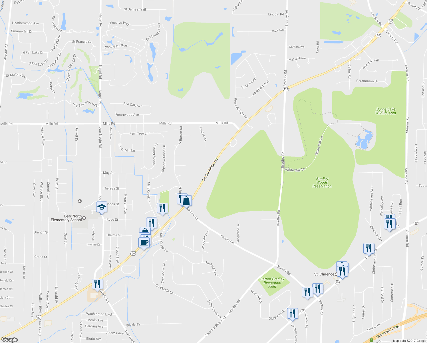 map of restaurants, bars, coffee shops, grocery stores, and more near 32021 Center Ridge Road in North Ridgeville