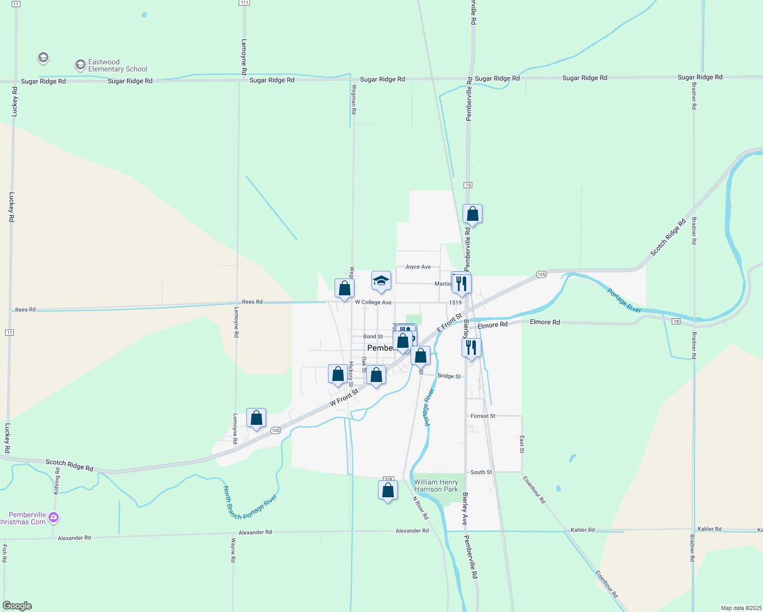 map of restaurants, bars, coffee shops, grocery stores, and more near 446 Maple St in Pemberville