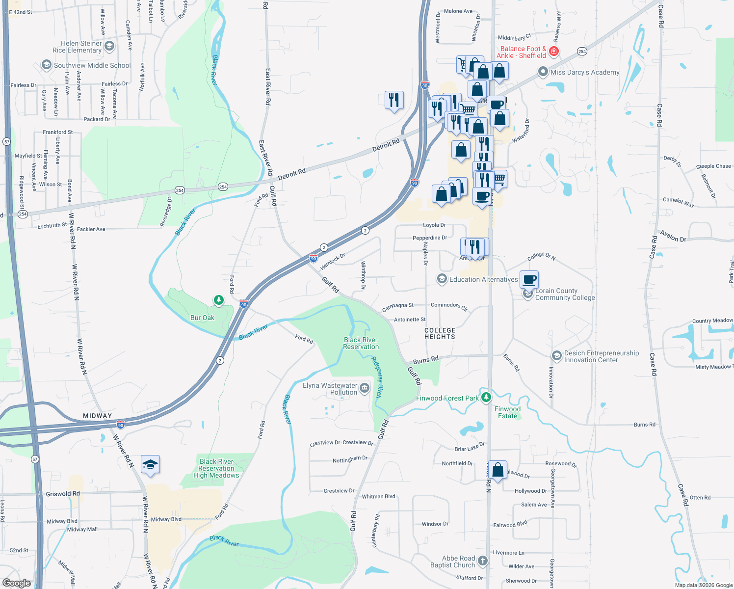 map of restaurants, bars, coffee shops, grocery stores, and more near 129 Winthrop Dr in Elyria