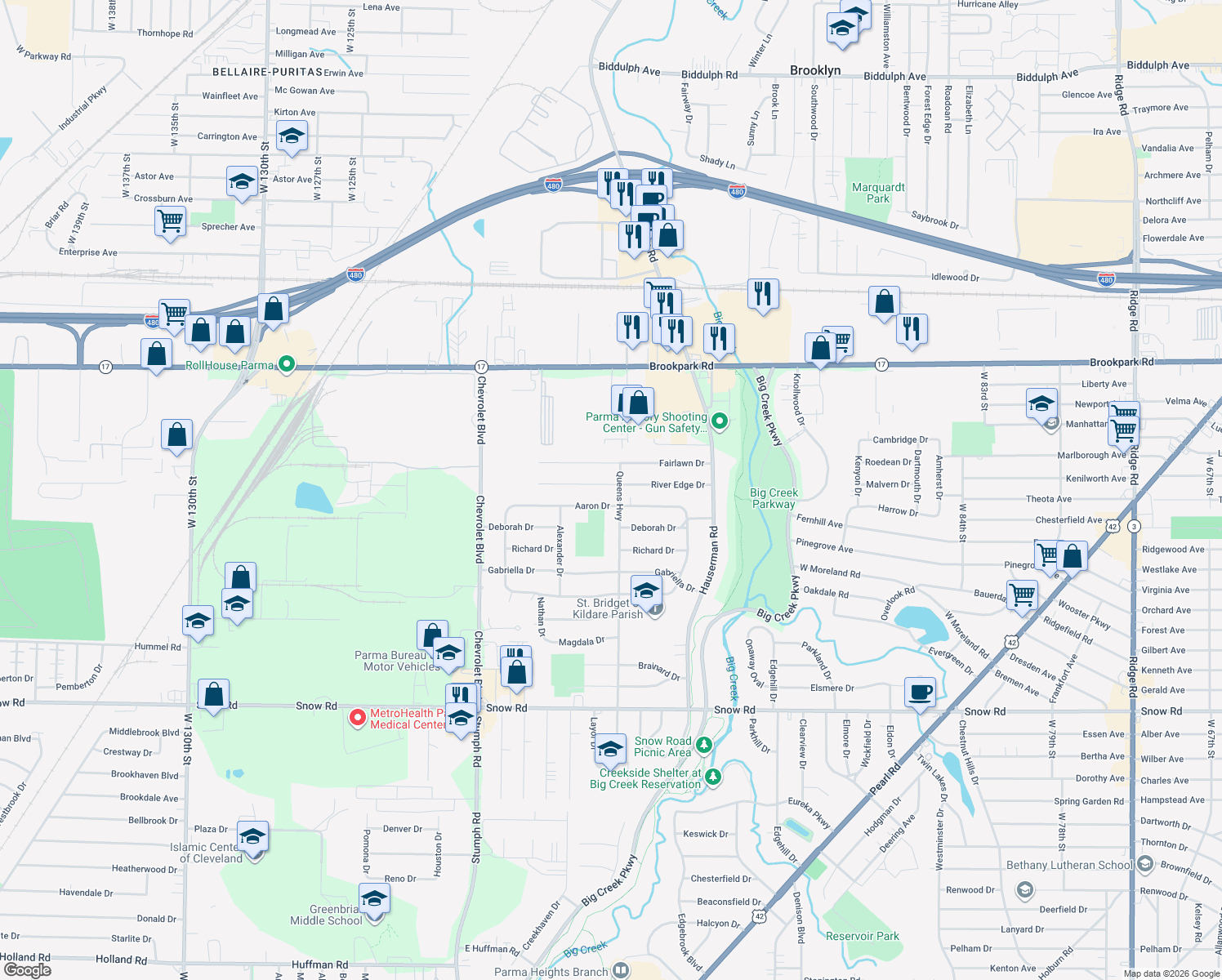 map of restaurants, bars, coffee shops, grocery stores, and more near 10881 River Edge Drive in Parma