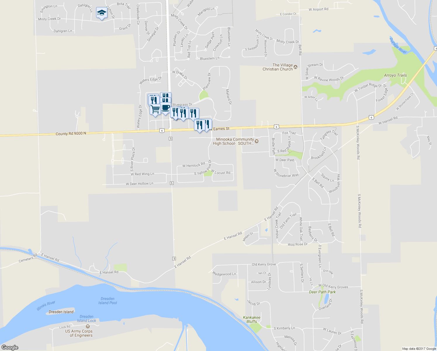 map of restaurants, bars, coffee shops, grocery stores, and more near 26917 W Locust Rd in Channahon