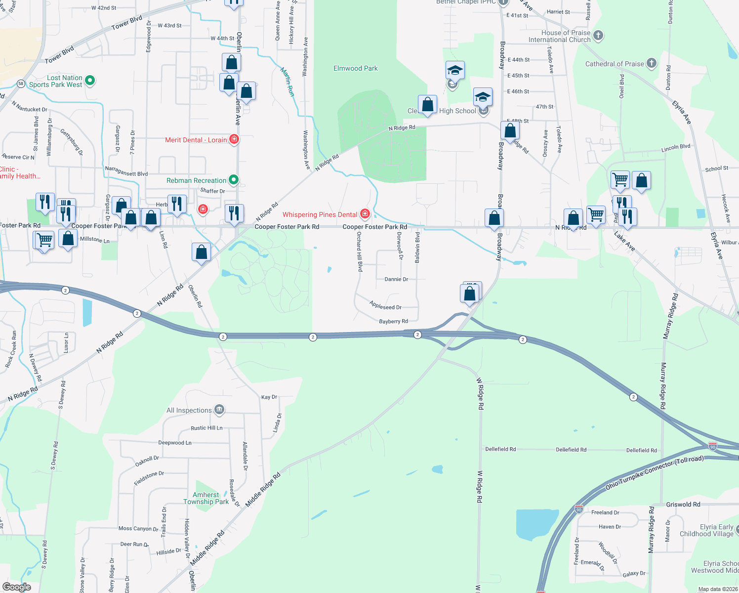 map of restaurants, bars, coffee shops, grocery stores, and more near 666 Appleseed Dr in Lorain