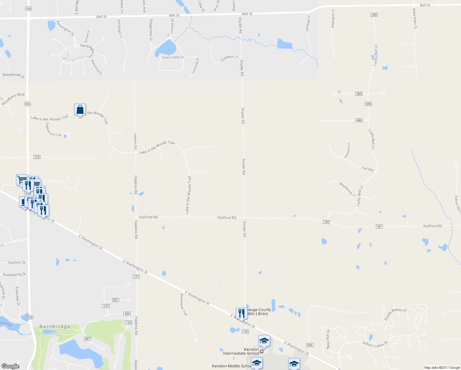 map of restaurants, bars, coffee shops, grocery stores, and more near 16724 Snyder Road in Chagrin Falls