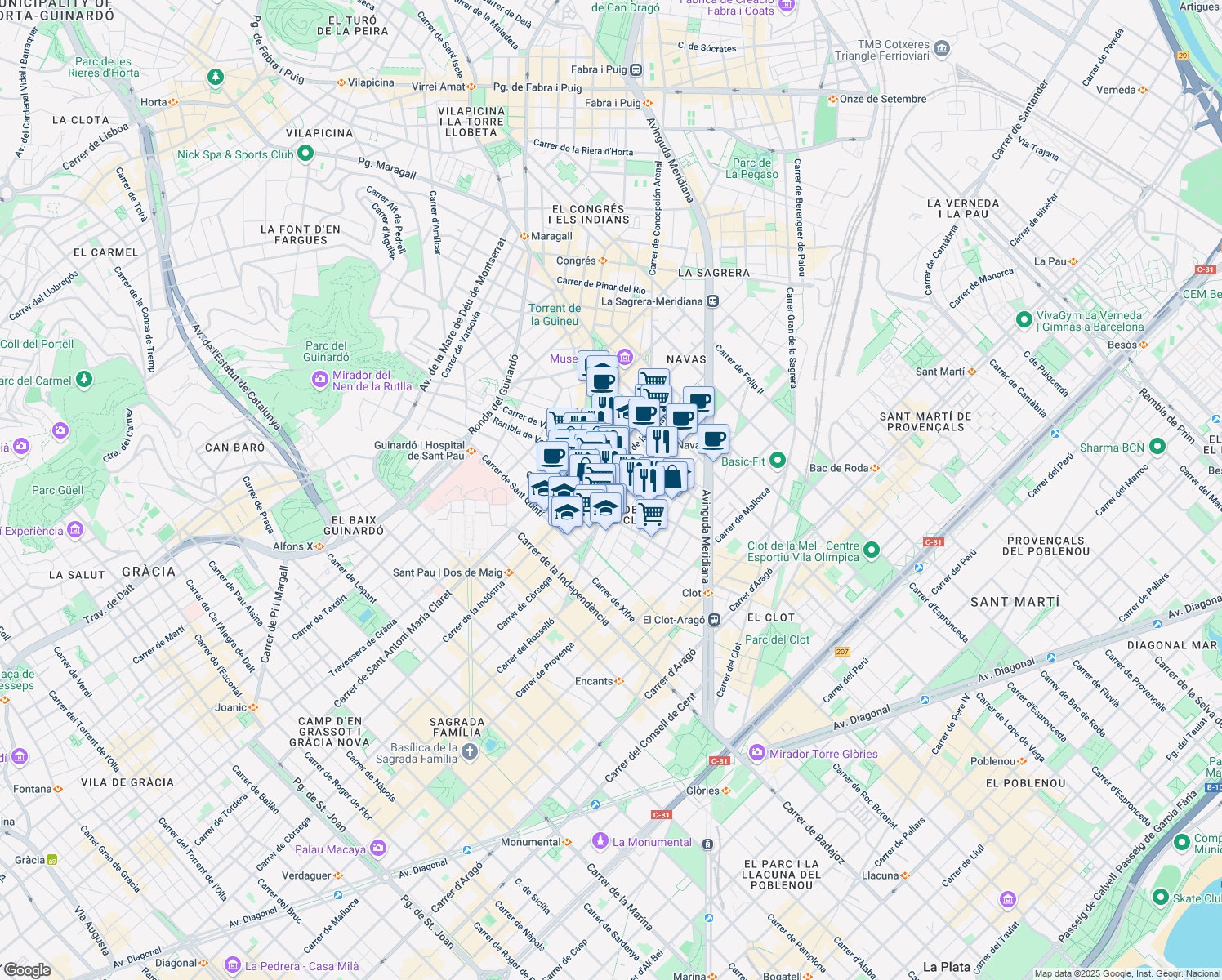 map of restaurants, bars, coffee shops, grocery stores, and more near 61 Carrer del Freser in Barcelona