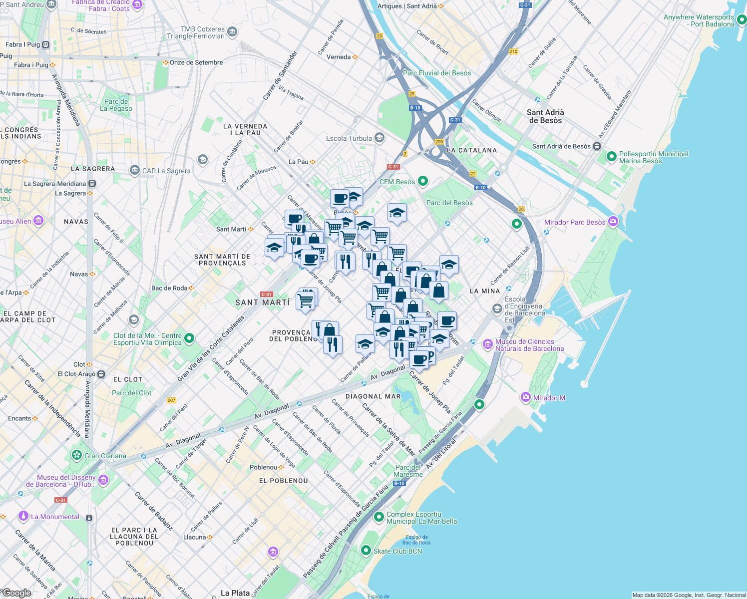 map of restaurants, bars, coffee shops, grocery stores, and more near Carrer de Cristóbal de Moura in Barcelona