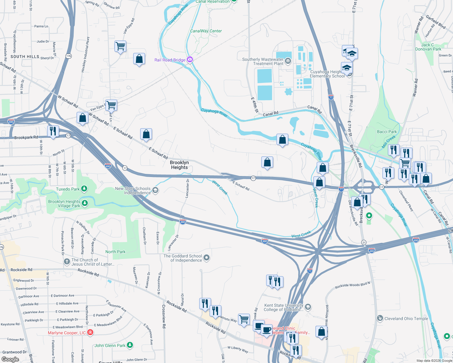 map of restaurants, bars, coffee shops, grocery stores, and more near 1093 East Schaaf Road in Brooklyn Heights