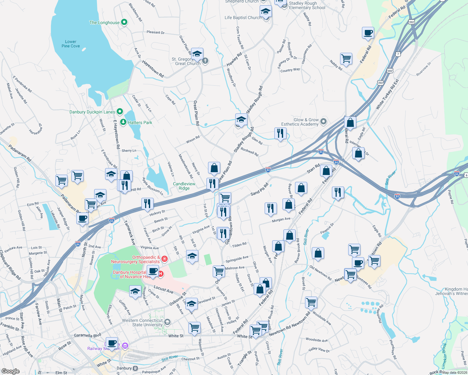 map of restaurants, bars, coffee shops, grocery stores, and more near 16 Michaud Road in Danbury
