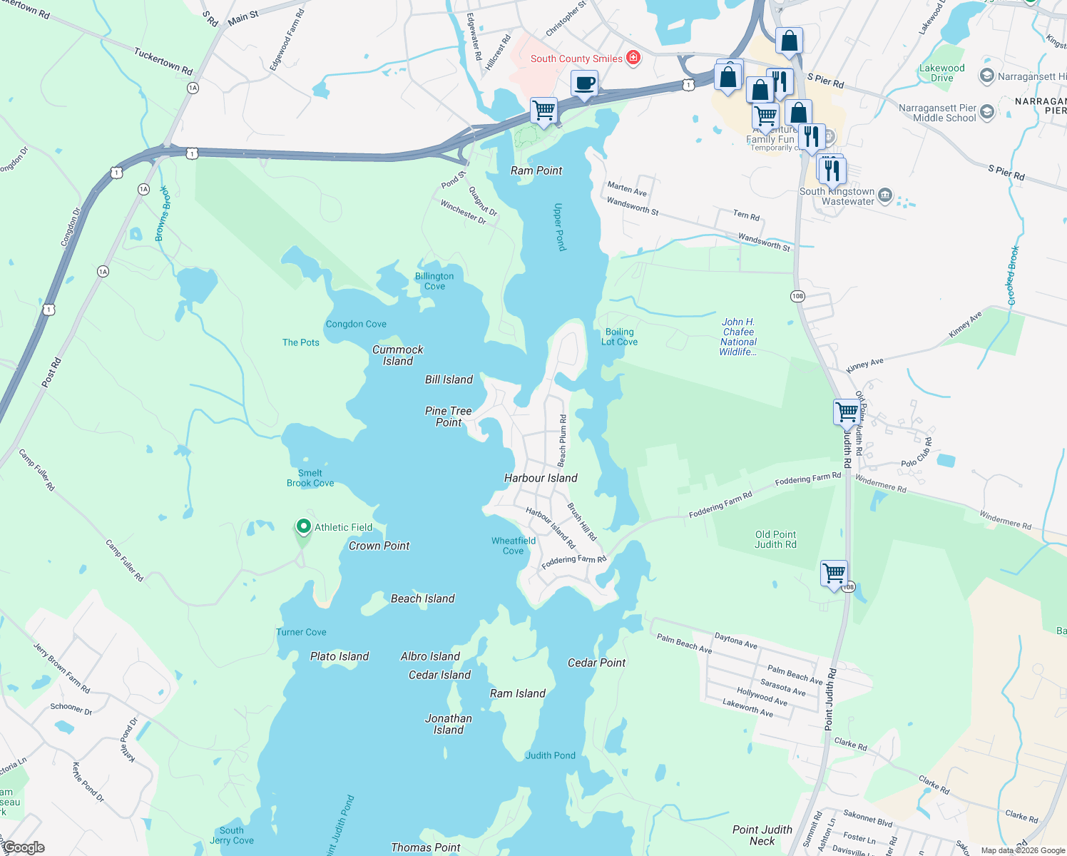 map of restaurants, bars, coffee shops, grocery stores, and more near 23 N View Rd in Narragansett