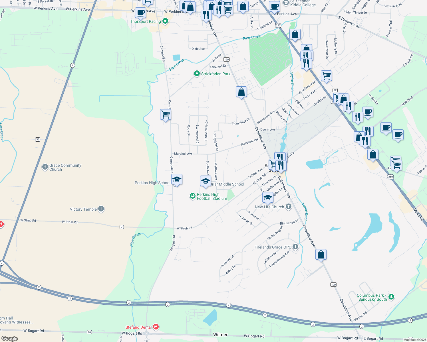 map of restaurants, bars, coffee shops, grocery stores, and more near 3613 Matthes Avenue in Sandusky