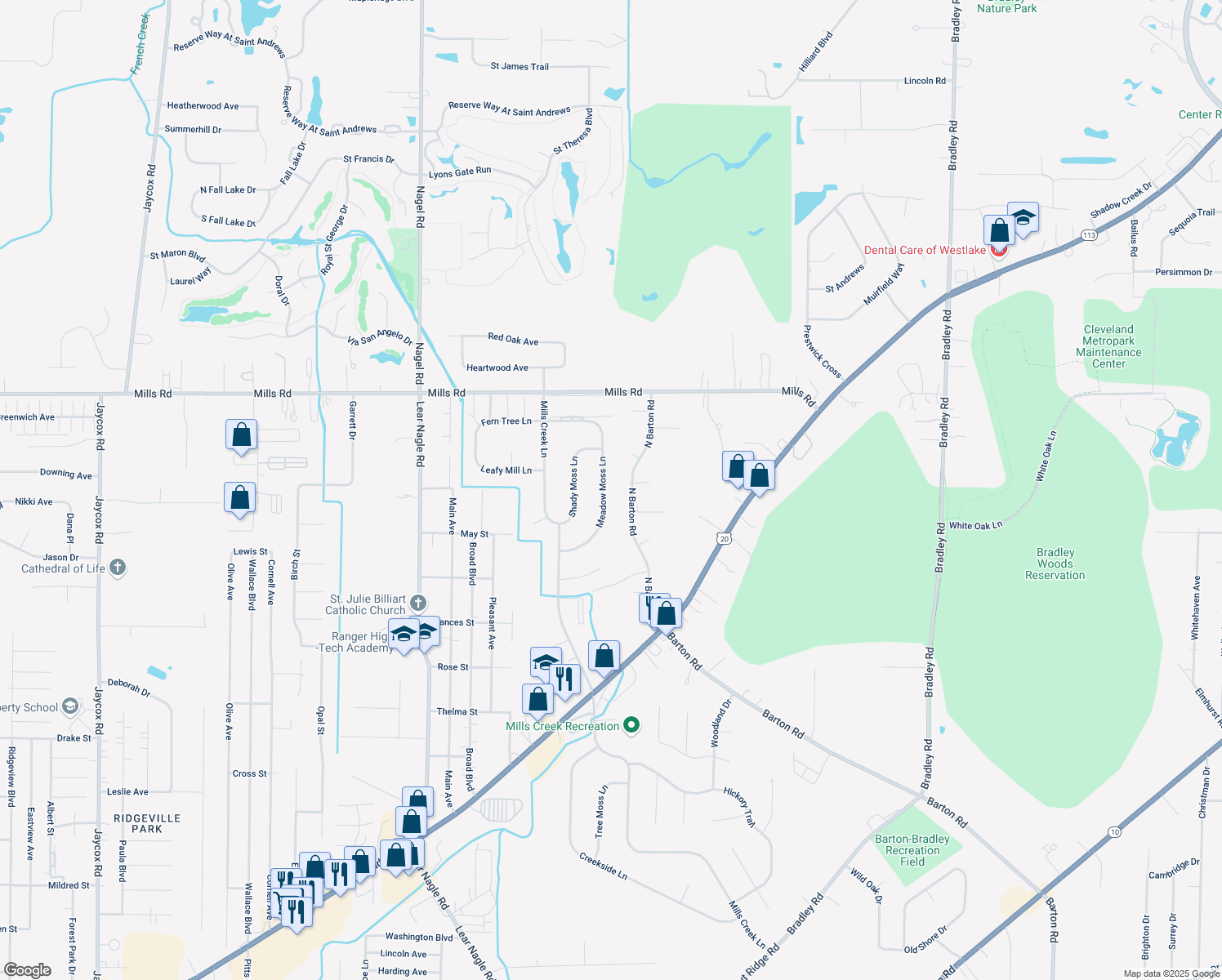 map of restaurants, bars, coffee shops, grocery stores, and more near 5047 Meadow Moss Ln in North Ridgeville