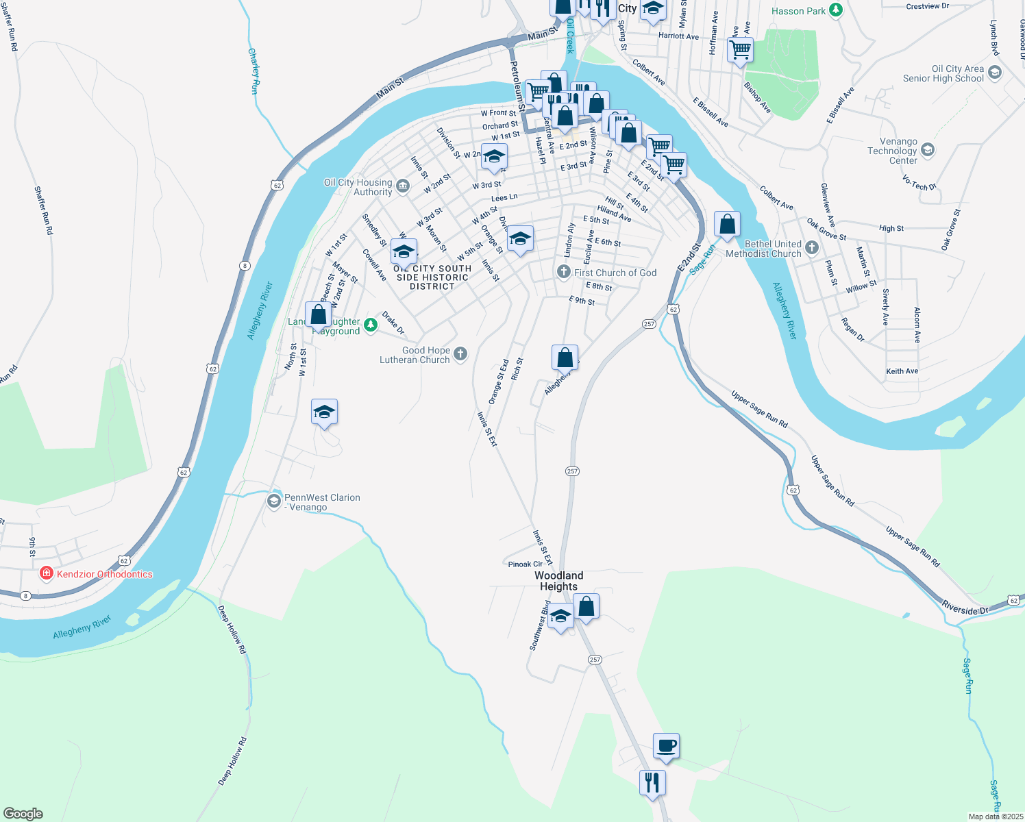 map of restaurants, bars, coffee shops, grocery stores, and more near 65 Rich St in Oil City