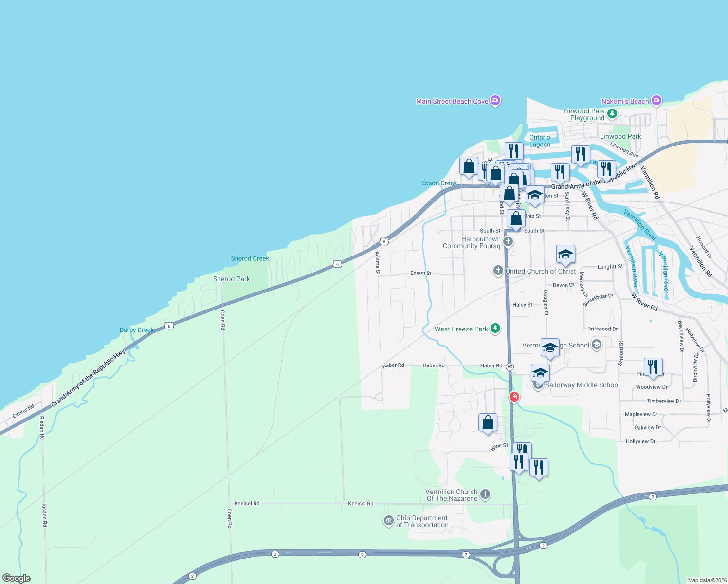 map of restaurants, bars, coffee shops, grocery stores, and more near 1042 Jackson Street in Vermilion