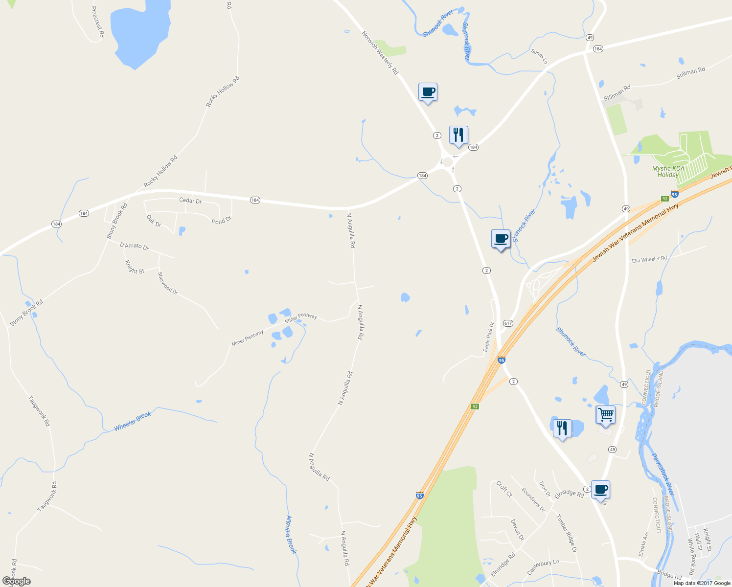 map of restaurants, bars, coffee shops, grocery stores, and more near 41 North Anguilla Road in North Stonington