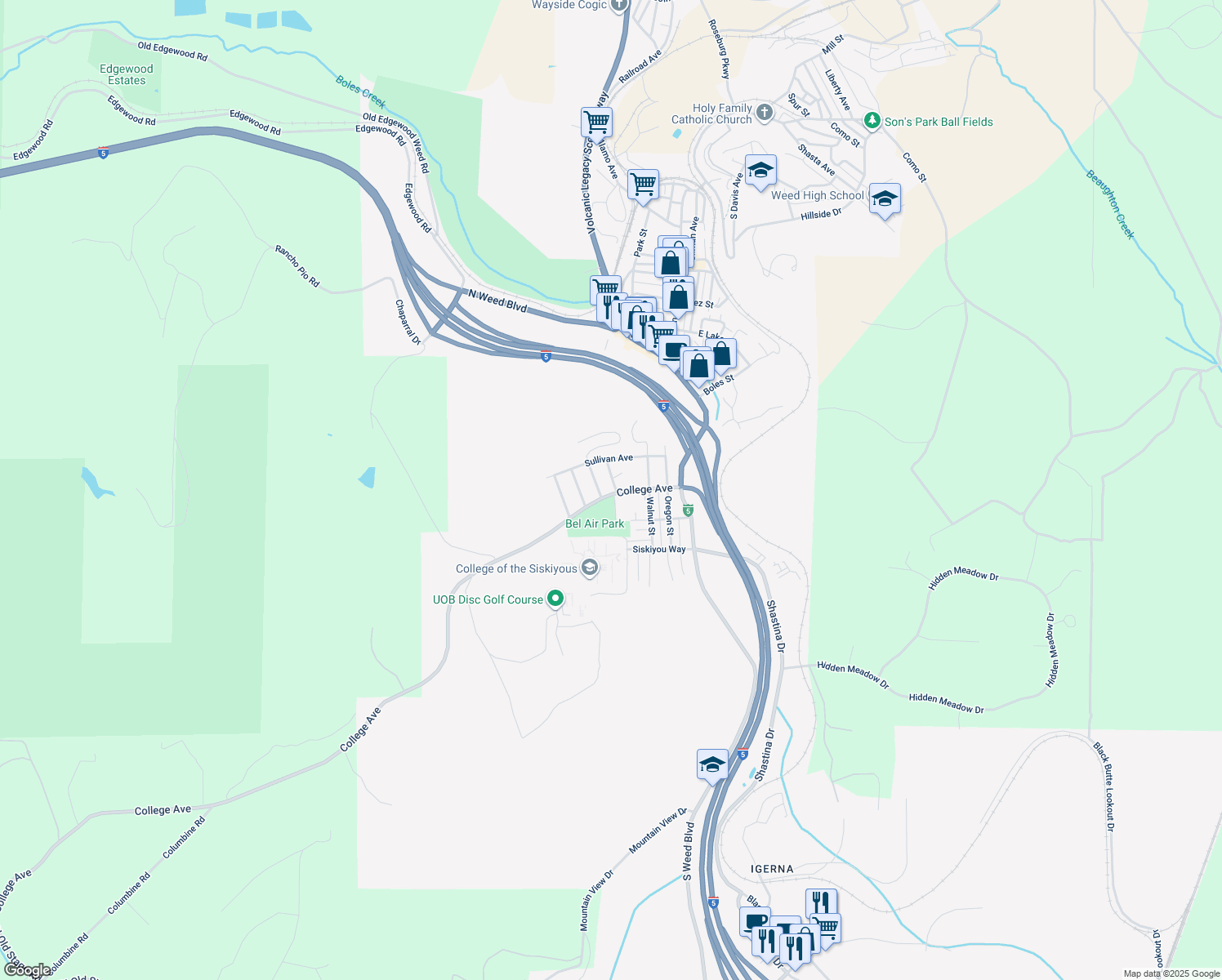 map of restaurants, bars, coffee shops, grocery stores, and more near 397 Dakota Street in Weed