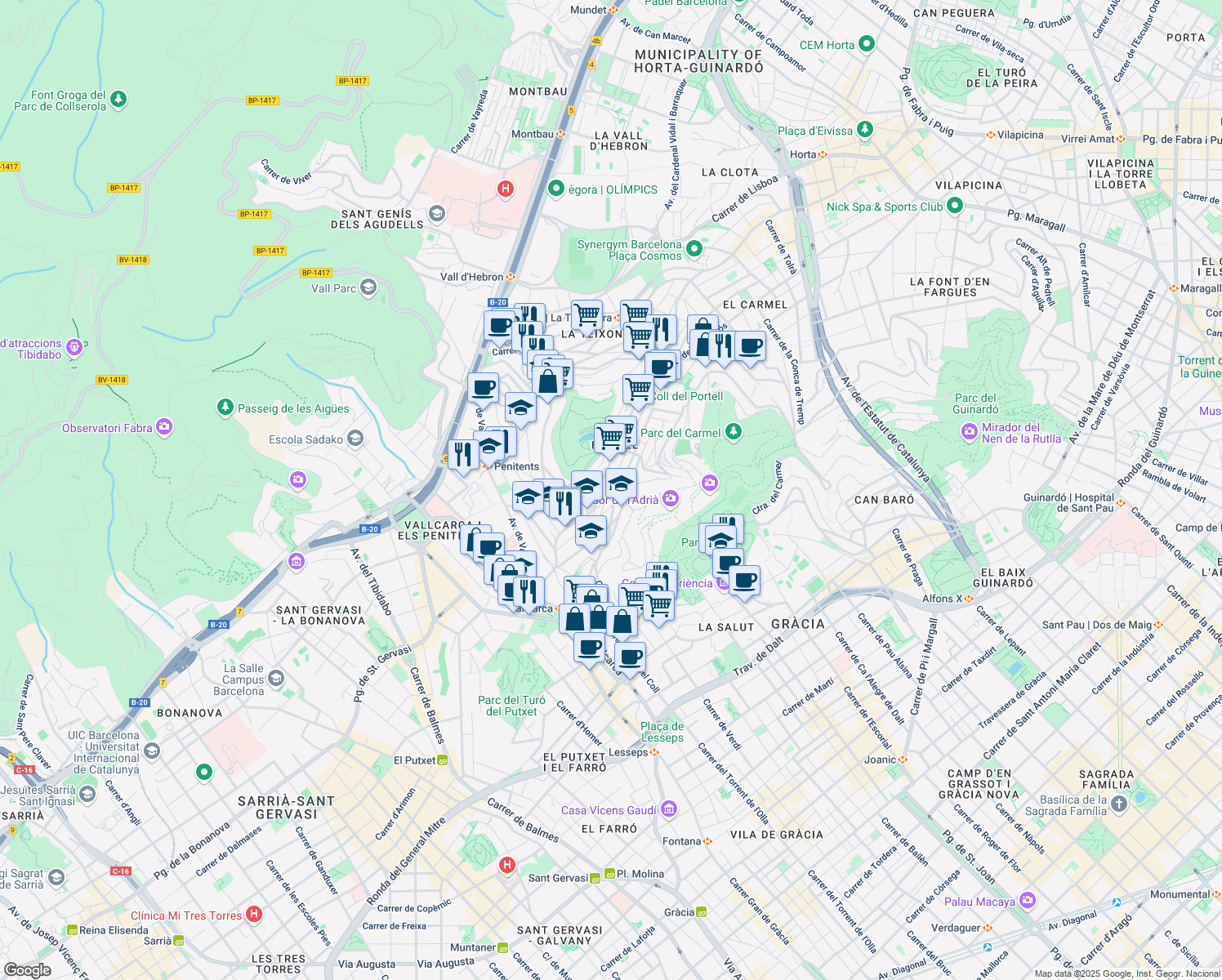 map of restaurants, bars, coffee shops, grocery stores, and more near 20 Carrer Beat Almato in Barcelona