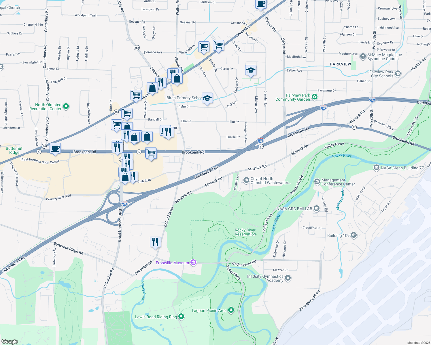 map of restaurants, bars, coffee shops, grocery stores, and more near 5028 Grace Road in North Olmsted