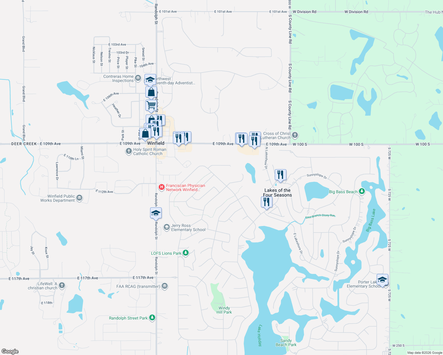 map of restaurants, bars, coffee shops, grocery stores, and more near 3616 Kingsway Dr in Crown Point
