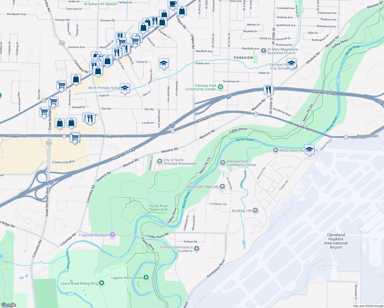 map of restaurants, bars, coffee shops, grocery stores, and more near 23235 Mastick Road in North Olmsted