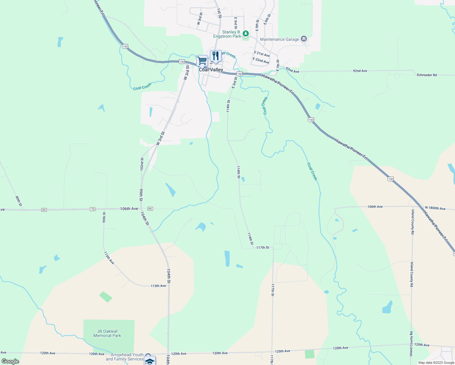 map of restaurants, bars, coffee shops, grocery stores, and more near 11218 102nd Avenue Court in Coal Valley