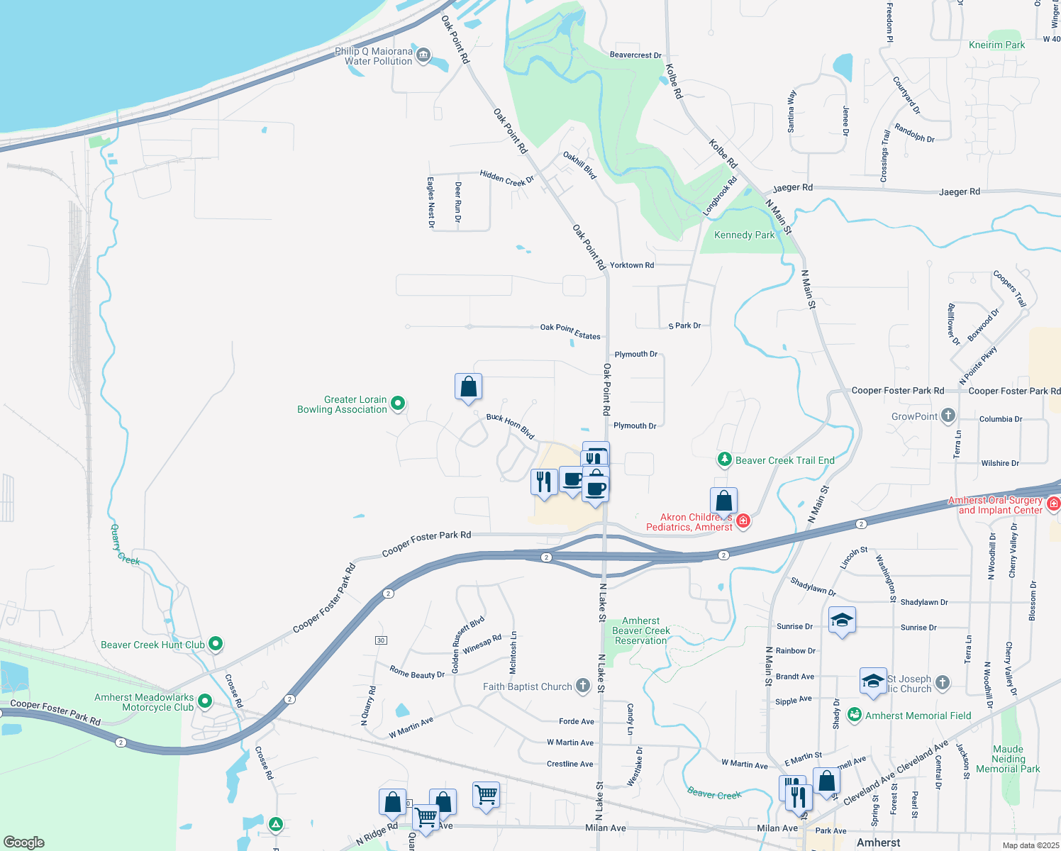 map of restaurants, bars, coffee shops, grocery stores, and more near 6520 Buck Horn Blvd in Lorain