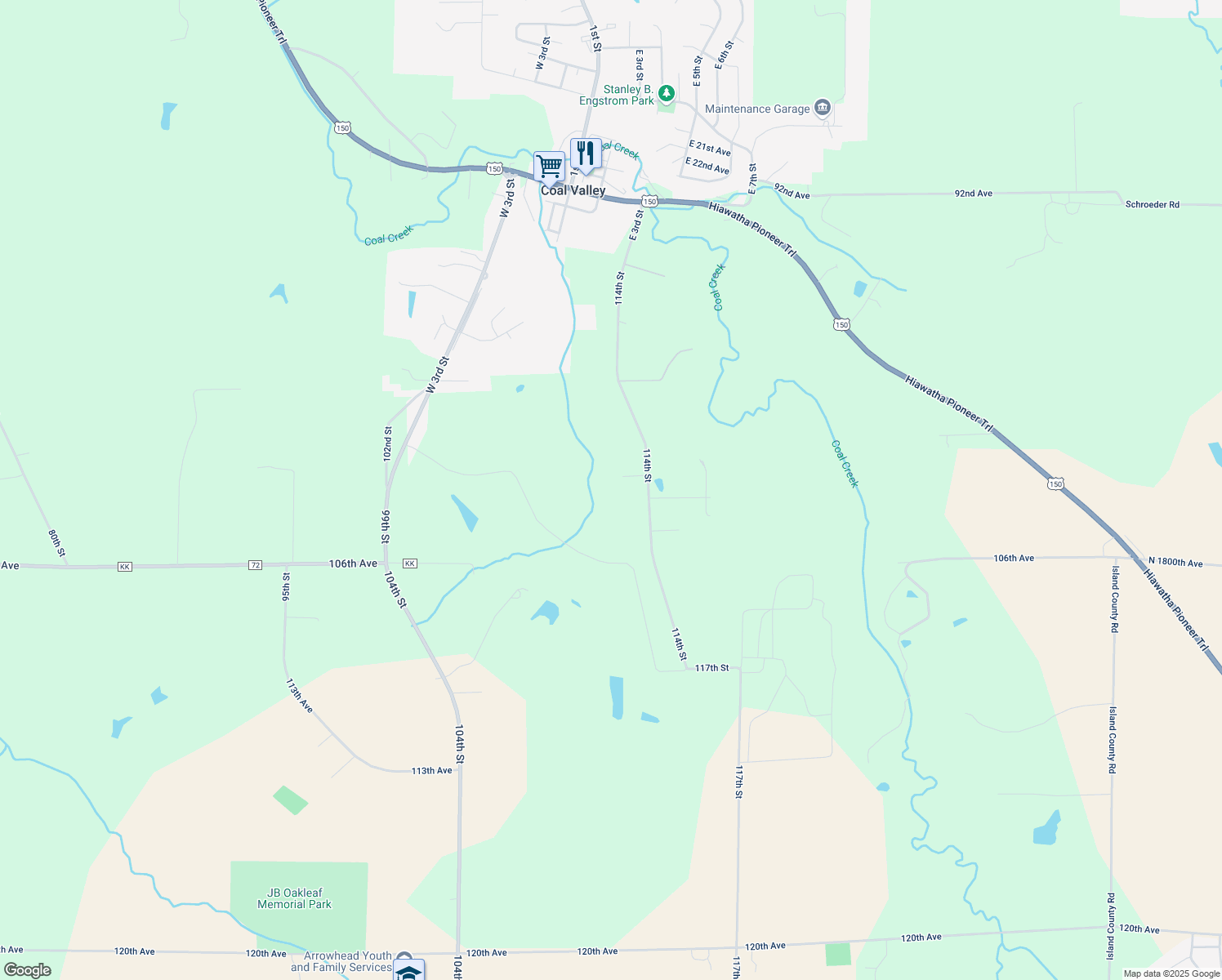 map of restaurants, bars, coffee shops, grocery stores, and more near 11218 102nd Avenue Court in Coal Valley