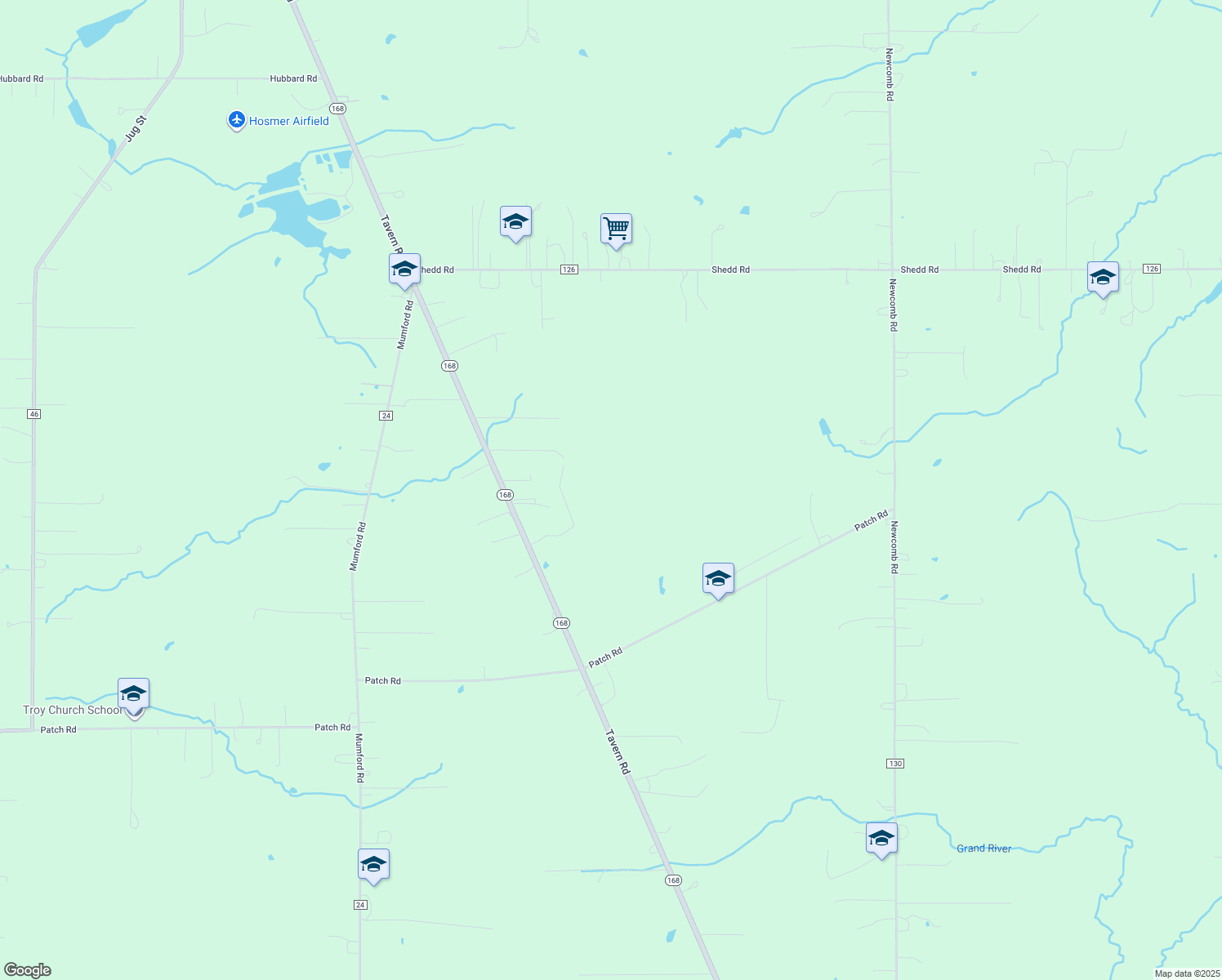 map of restaurants, bars, coffee shops, grocery stores, and more near 16695 Tavern Road in Burton