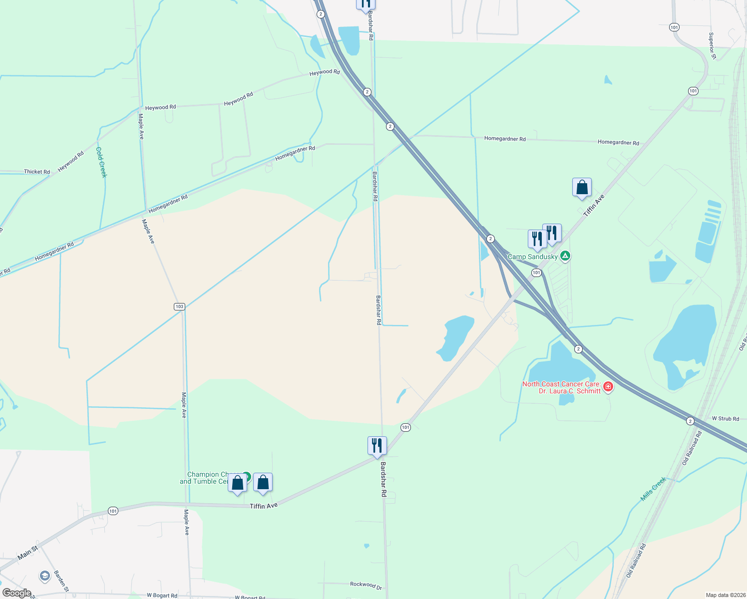 map of restaurants, bars, coffee shops, grocery stores, and more near 2219 Bardshar Road in Castalia