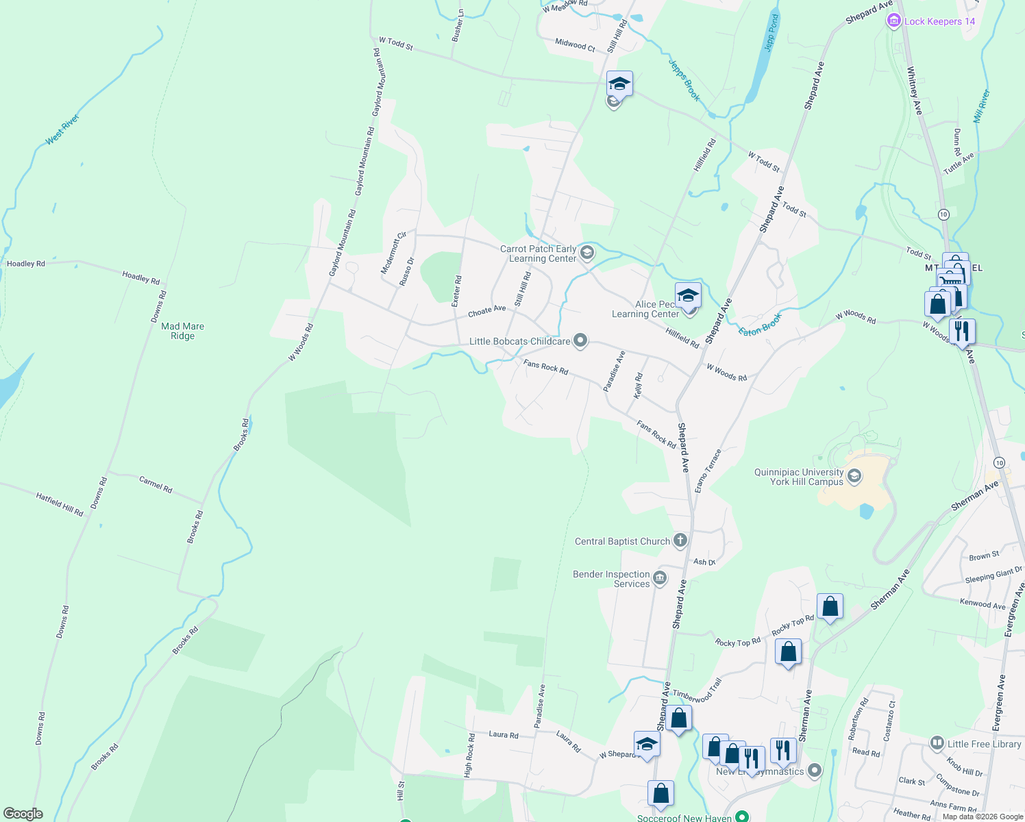 map of restaurants, bars, coffee shops, grocery stores, and more near 79 Leatherman Trail in Hamden