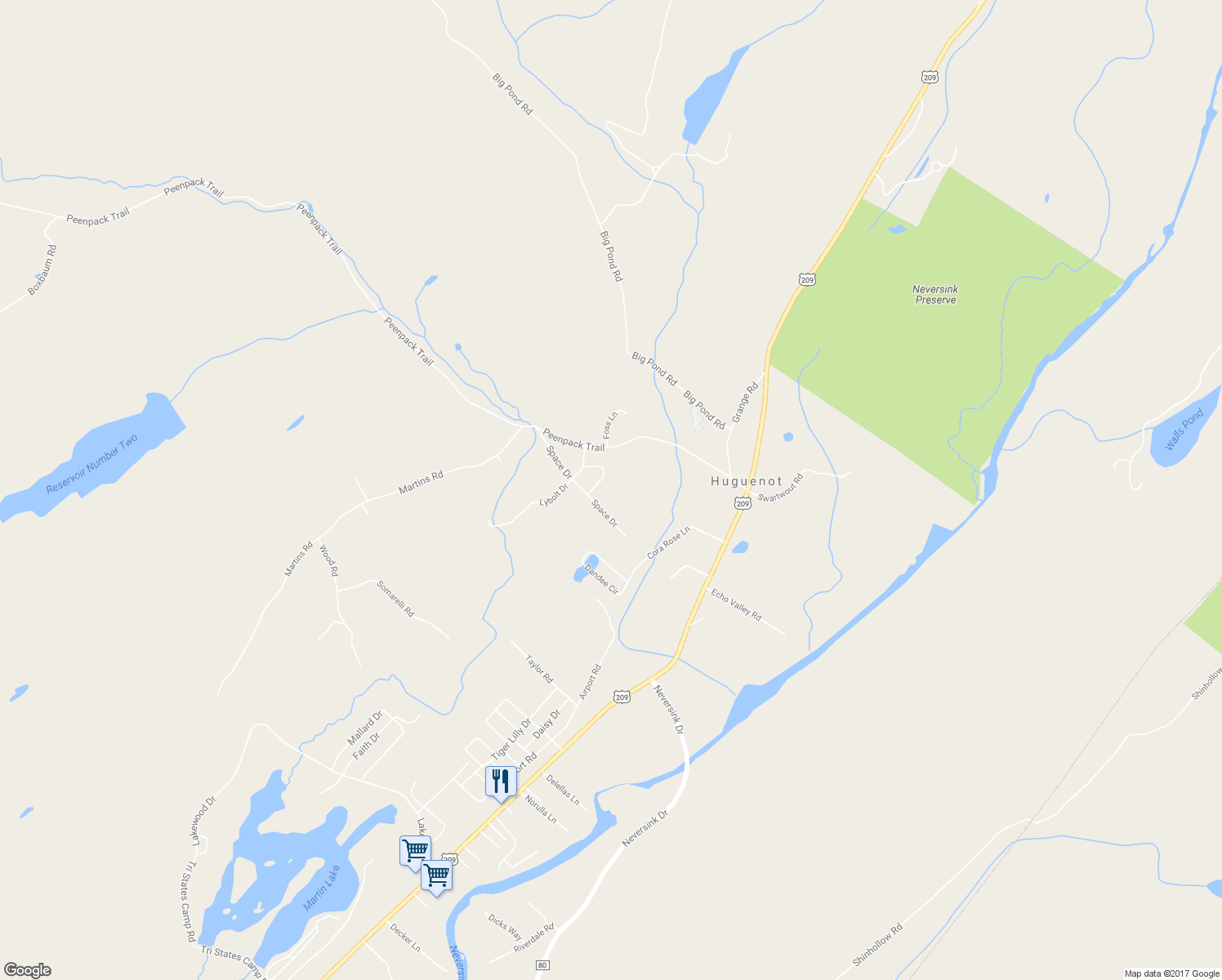 map of restaurants, bars, coffee shops, grocery stores, and more near 9 Lorelle Drive in Huguenot