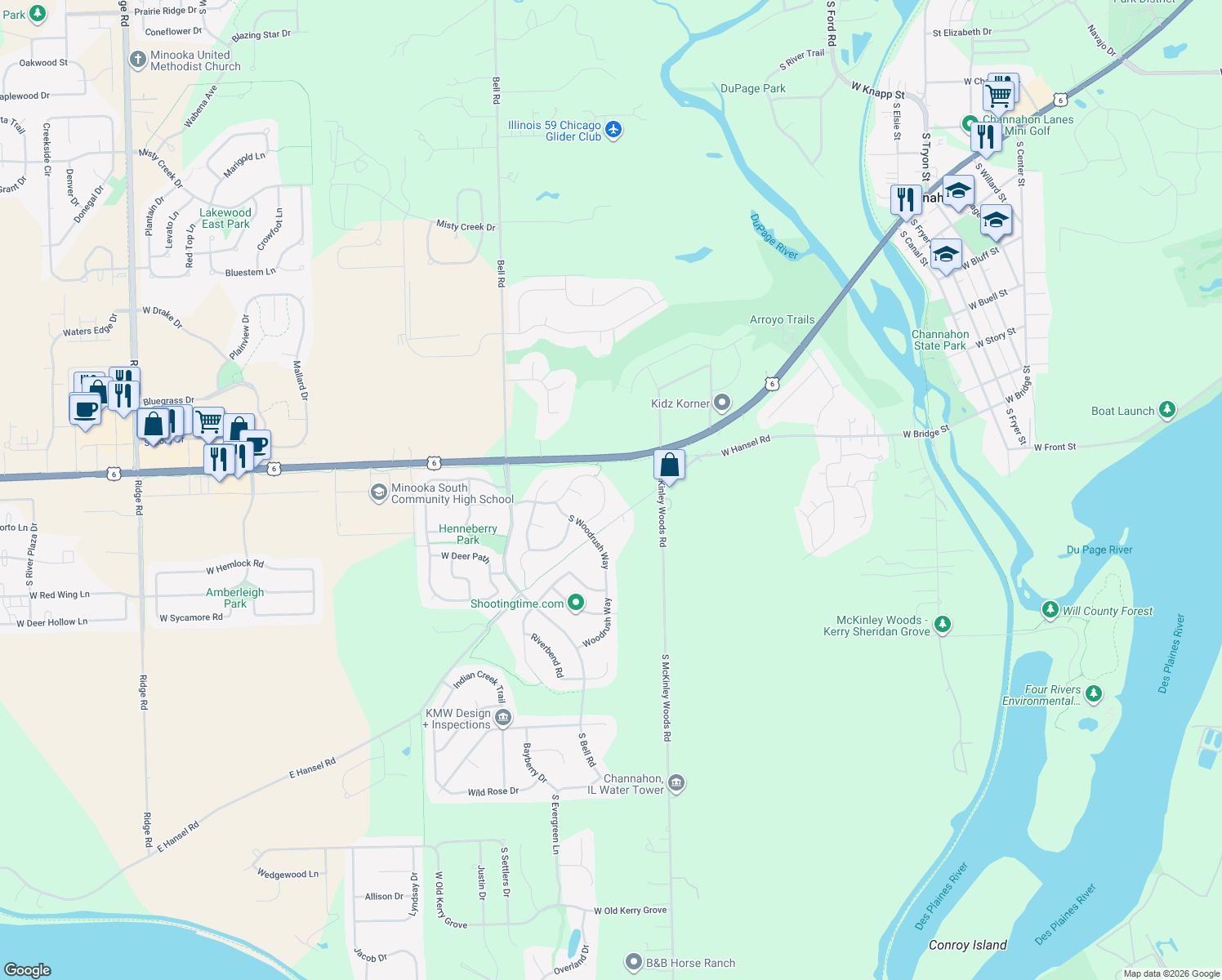 map of restaurants, bars, coffee shops, grocery stores, and more near 26162 Tallgrass Trail in Channahon