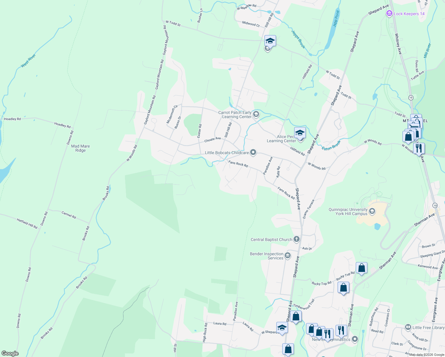 map of restaurants, bars, coffee shops, grocery stores, and more near 79 Leatherman Trail in Hamden