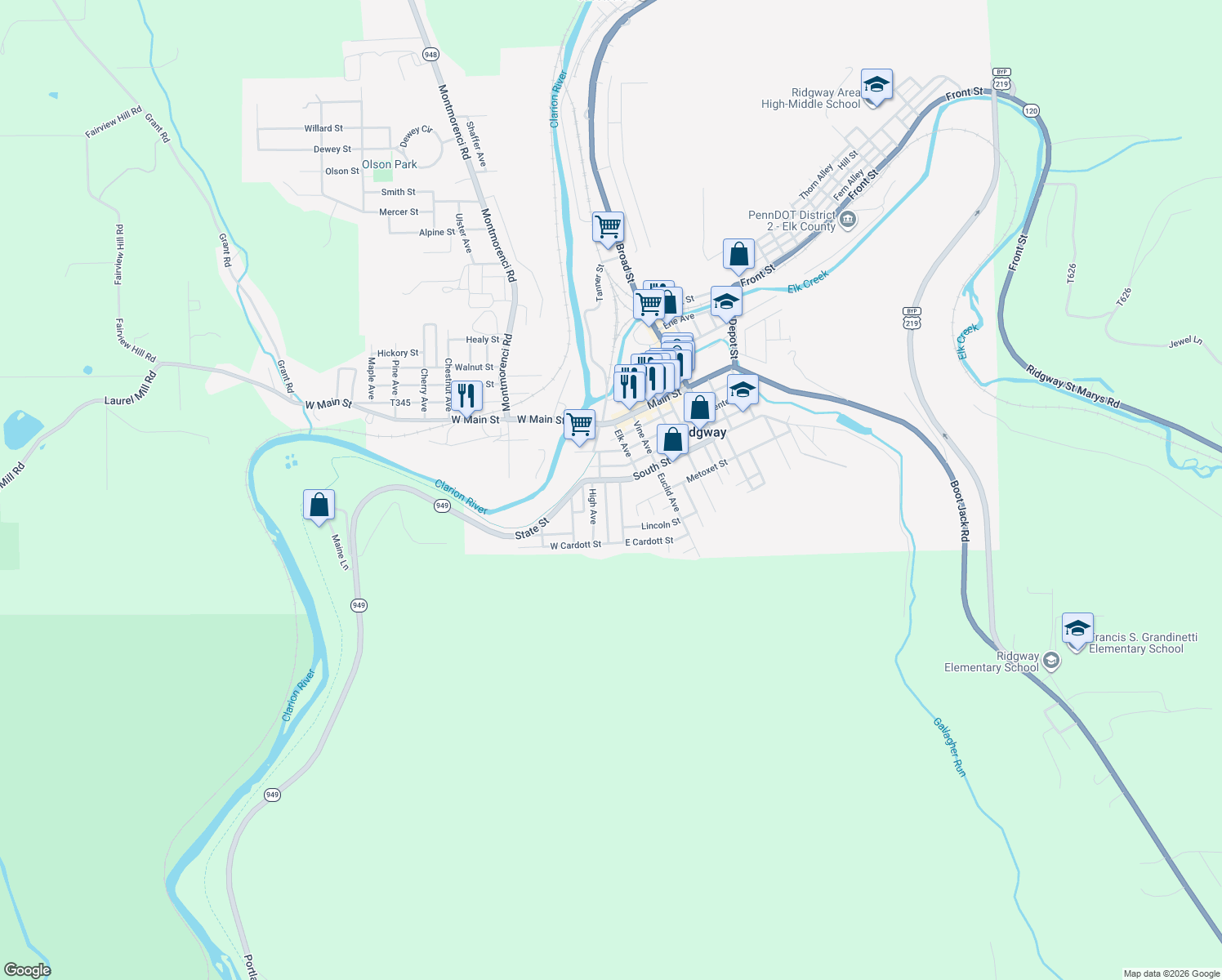 map of restaurants, bars, coffee shops, grocery stores, and more near 209 Monterey Ave in Ridgway