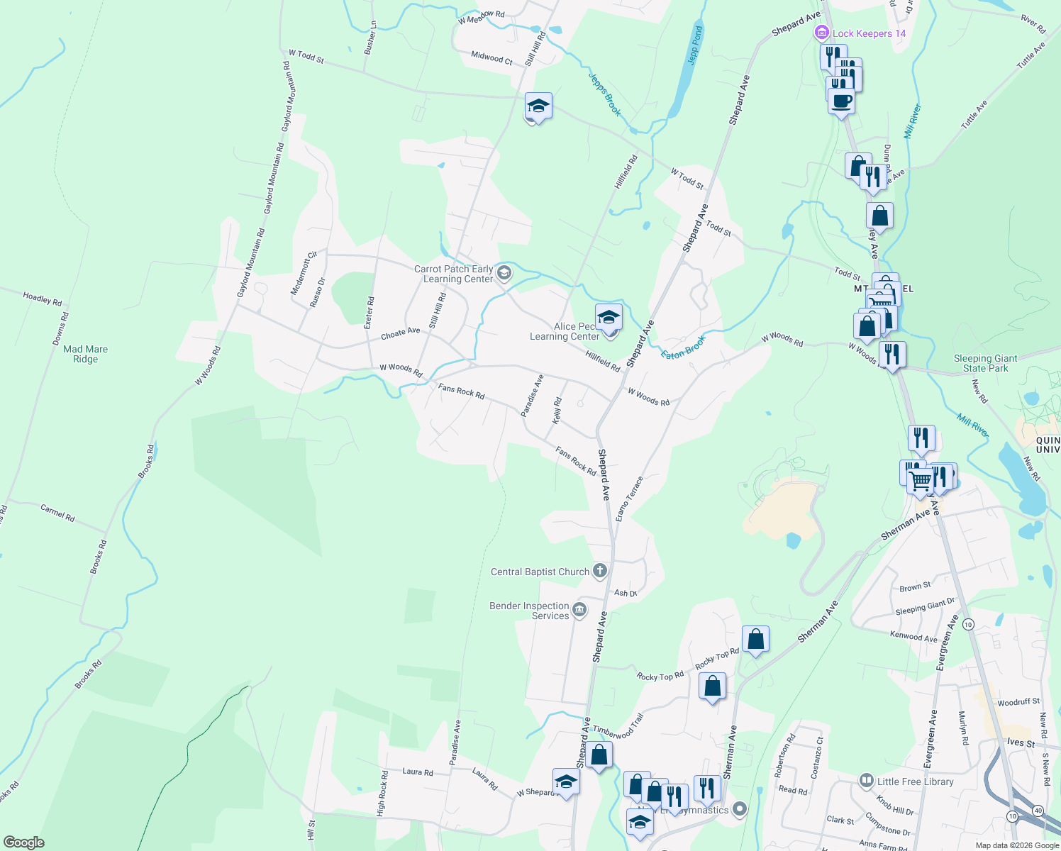 map of restaurants, bars, coffee shops, grocery stores, and more near 151 Fans Rock Road in Hamden