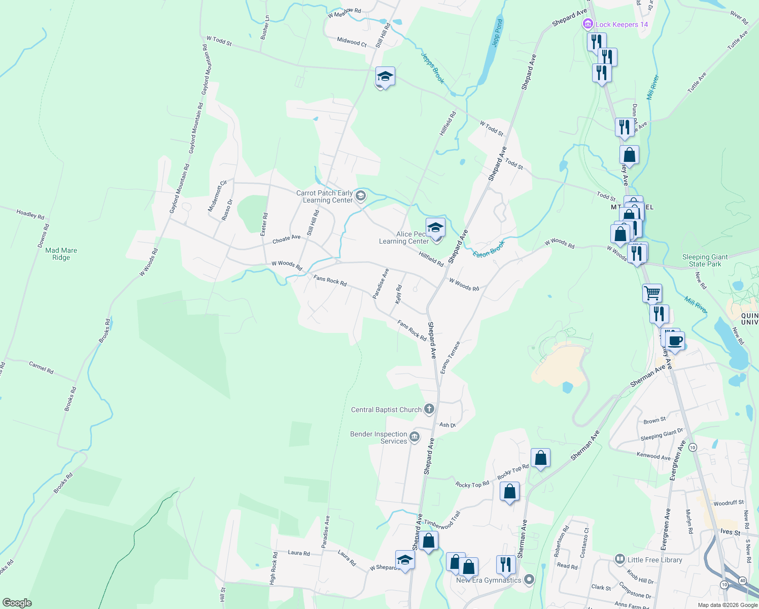 map of restaurants, bars, coffee shops, grocery stores, and more near 151 Fans Rock Road in Hamden