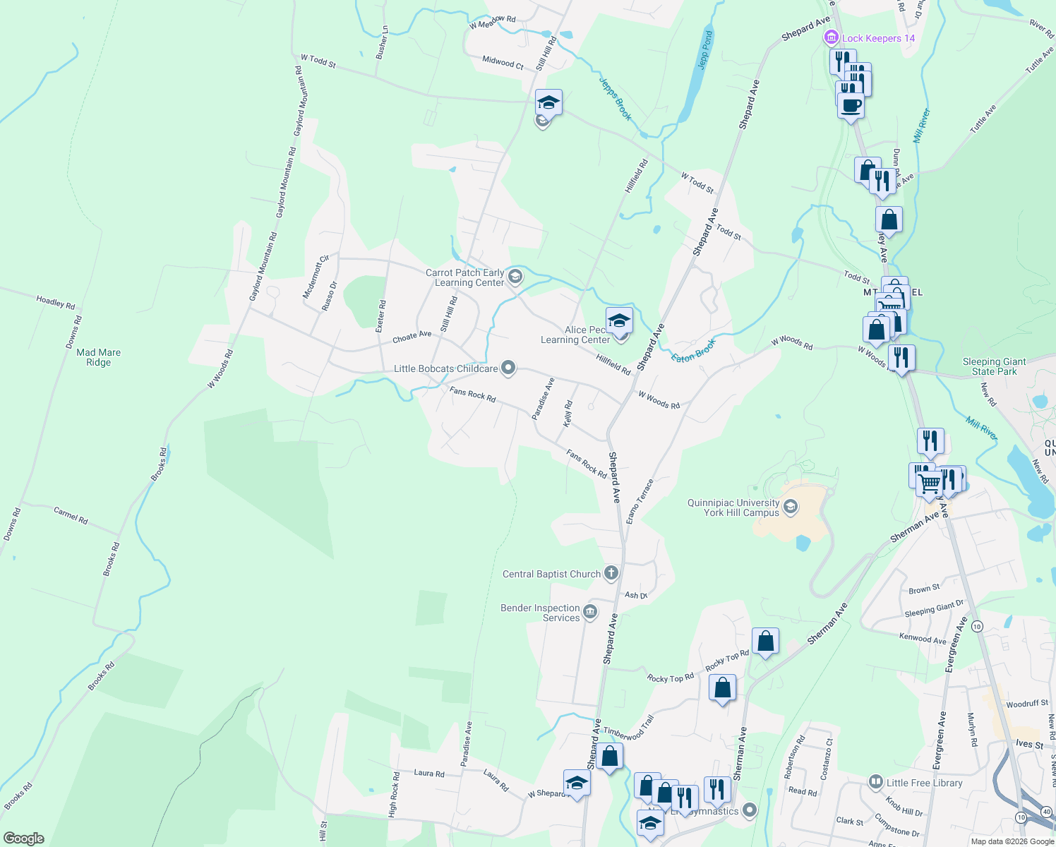 map of restaurants, bars, coffee shops, grocery stores, and more near 184 Fans Rock Road in Hamden