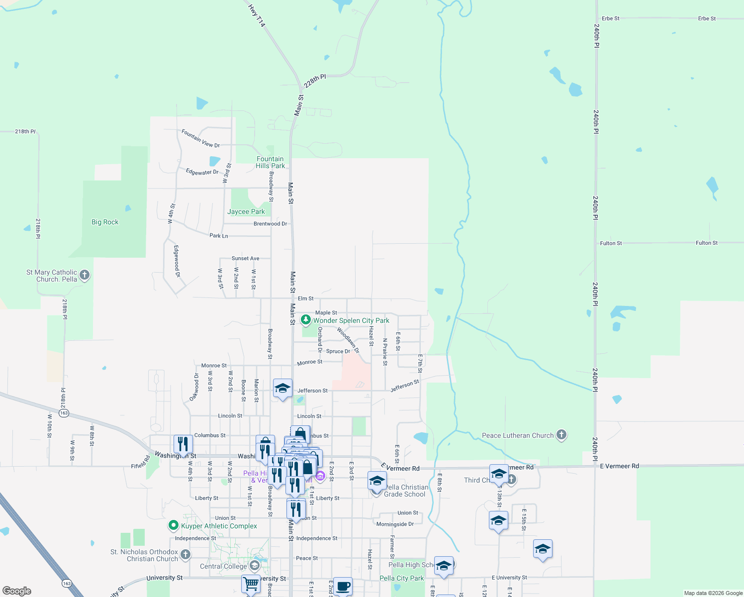 map of restaurants, bars, coffee shops, grocery stores, and more near 301 Elm Street in Pella