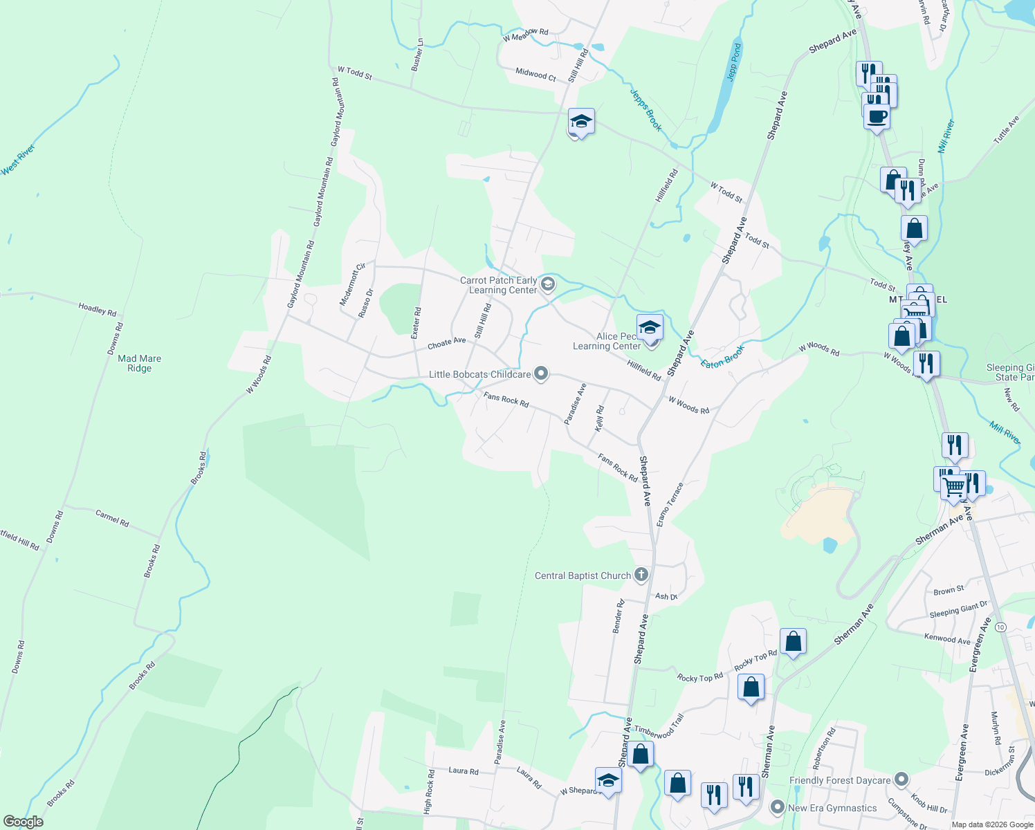 map of restaurants, bars, coffee shops, grocery stores, and more near 239 Fans Rock Road in Hamden