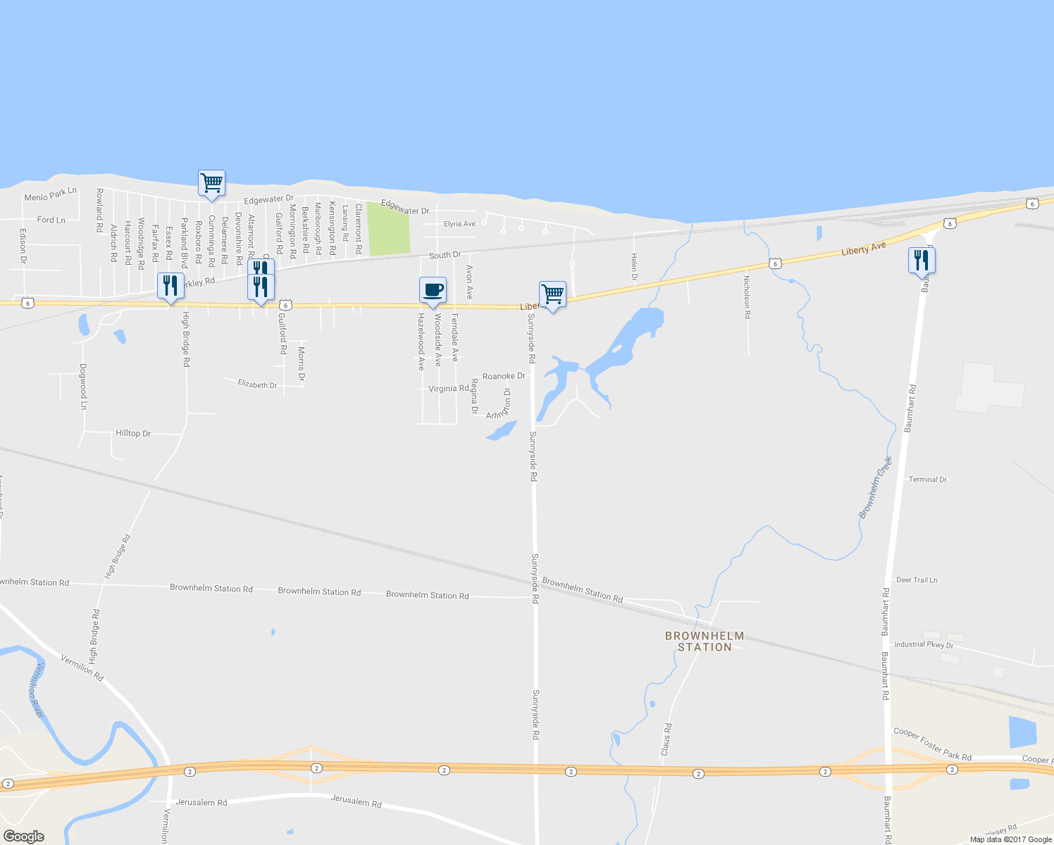 map of restaurants, bars, coffee shops, grocery stores, and more near 790 Sunnyside Road in Vermilion